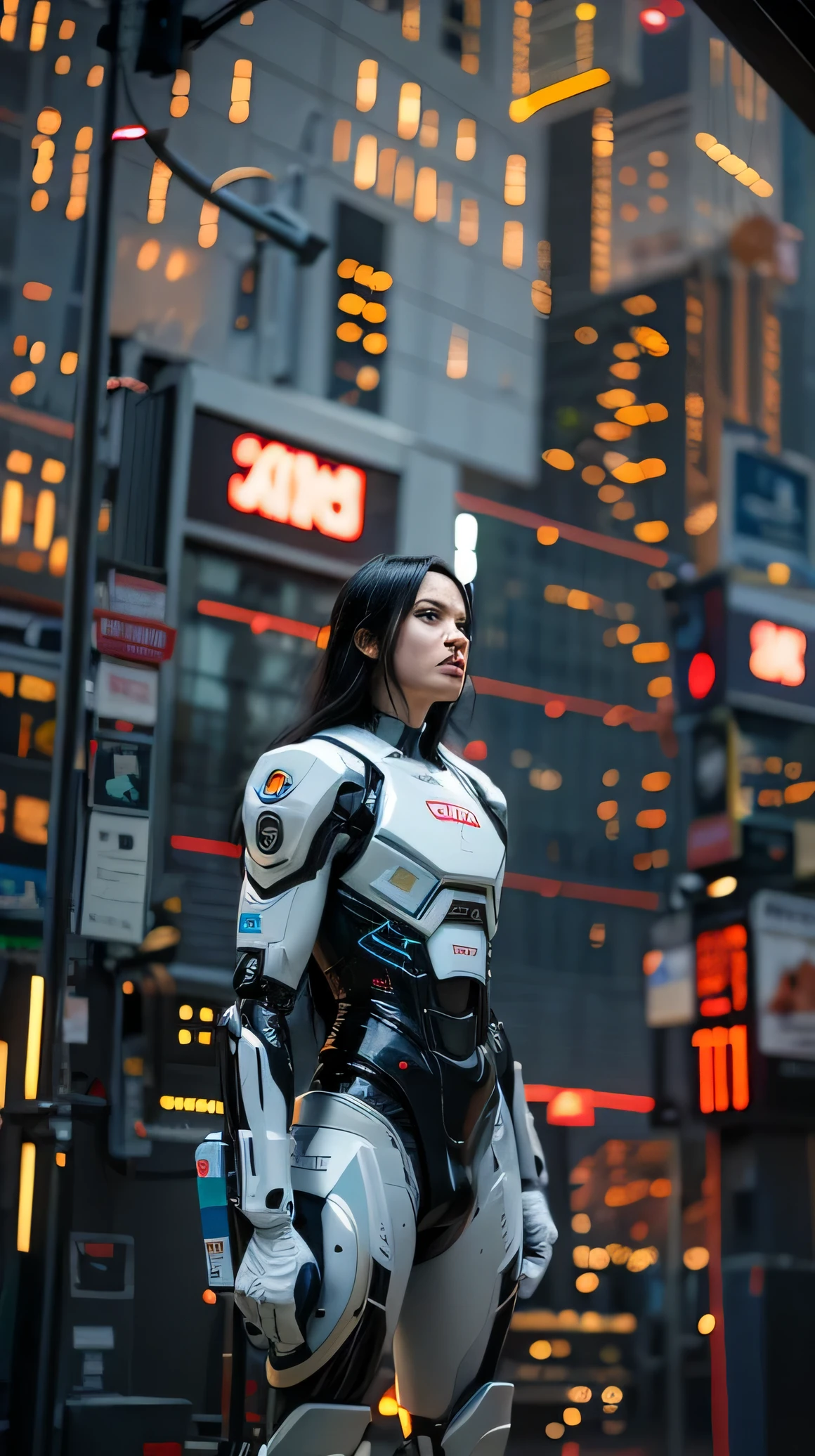 white-skinned man with long black hair, in a robot body, in a room full of lights