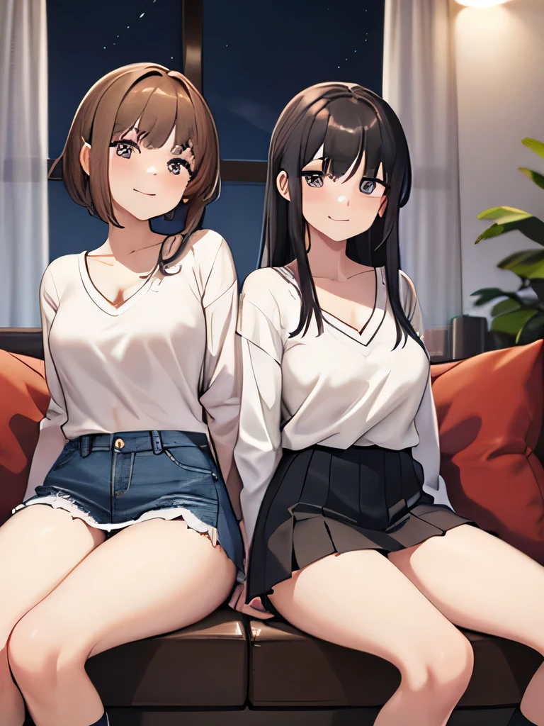 (1) two women sitting next to each other, Drink a drink on a cushion on the flooring. worn by both women、I'm sitting with my legs on the side。, Her white panties are fully visible between her thighs and skirt..
(2) The first woman wears a turtle knit and a pleated miniskirt、I'm wearing black socks。. she has long black hair. she looks mature.
(3) The second woman is wearing a V-neck knit, Denim miniskirt and white leg warmers. She has short brown hair. She has a young face.
(4) The location is the living room at night..
(5) Both are provocative and grinning..