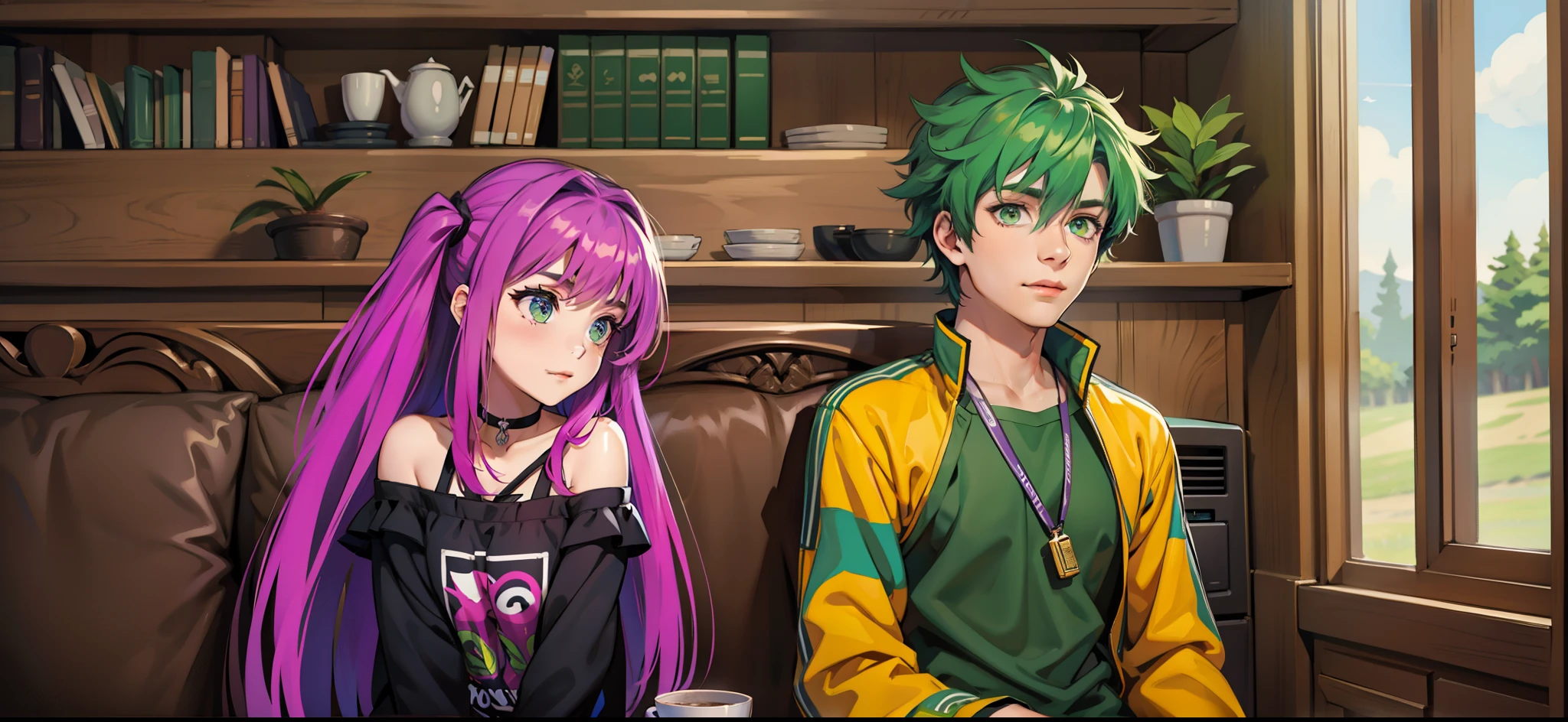 a girl with purple hair and eyes and a 17-year-old boy with green hair and green eyes