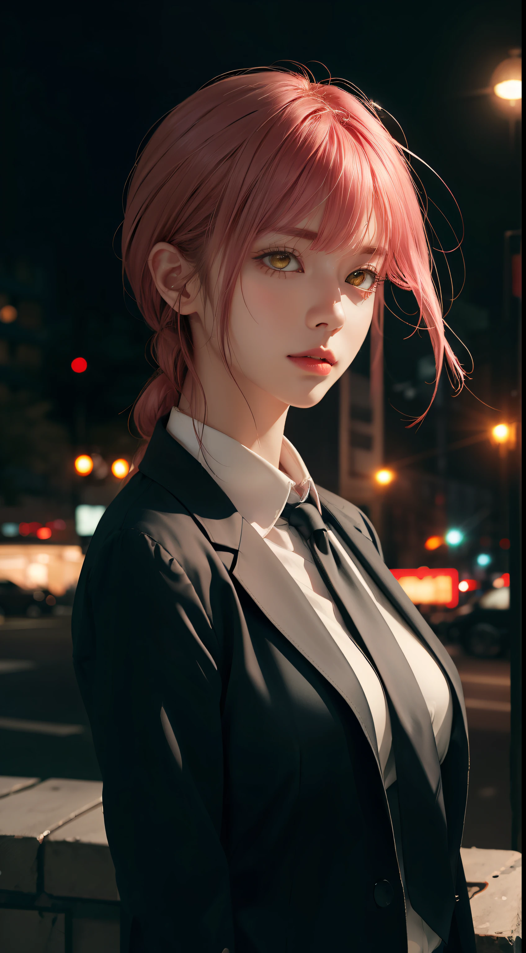 上Half body, (masterpiece), Detailed background, perfect lighting, 1 girl, Bangs, medium breasts, woman'shirt,pink hair, yellow eyes, City, City的, Bokeh, depth of field, | Wear black tie |,hand \(chainsaw man\),hand\(chainsaw man\),handcsm,Half body