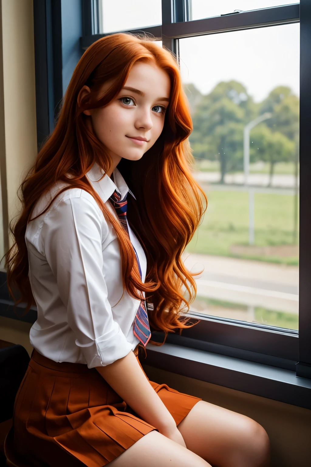 a beautiful 18 years old girl with long wavy reddish copper hair, wearing a student uniform, looking through the window of a classroom, sit next to the window, bored expression, playing with her hair