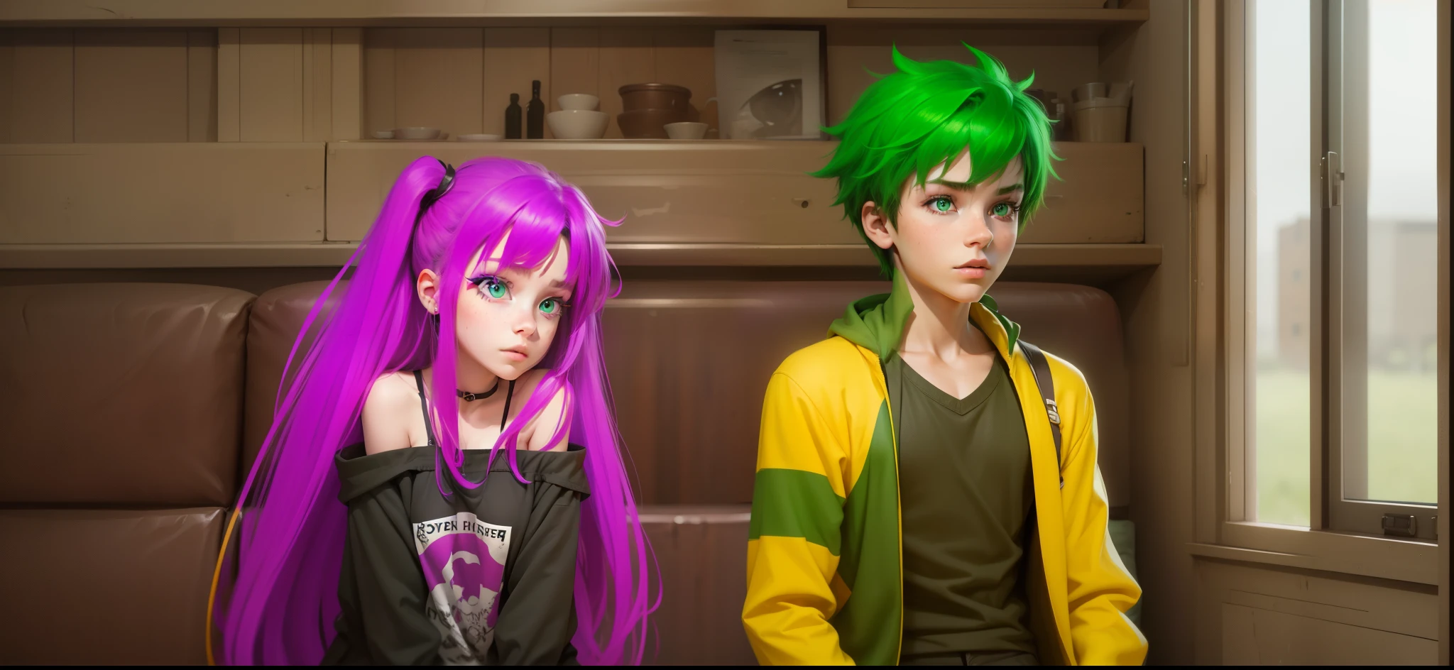 a 17 year old girl with purple hair and eyes and a 17 year old boy with green hair and green eyes