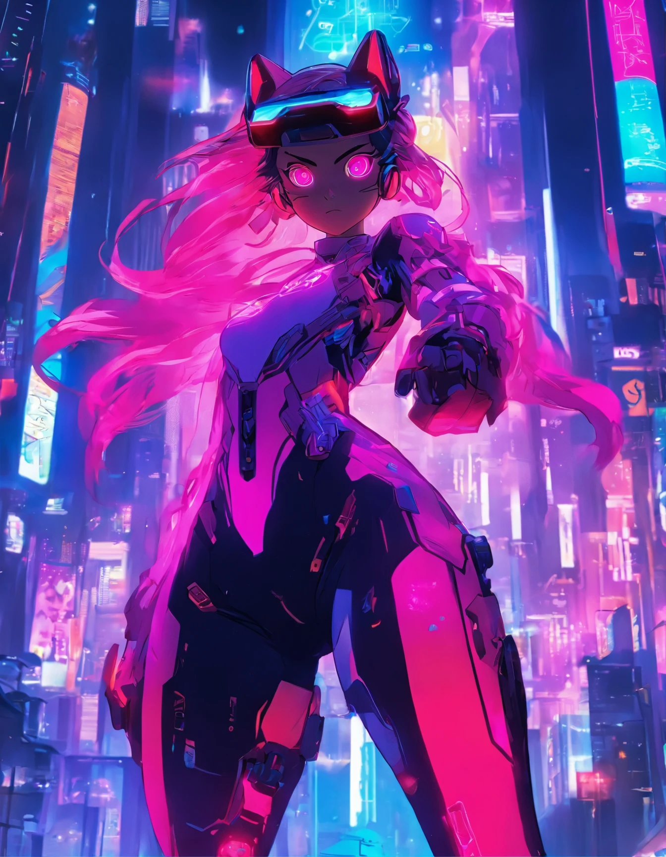 (best quality:1.3),(masterpiece:1.2),16k,level picture quality,future technology,1girl,A man wearing a cyberpunk-style biochemical suit,Woman wearing VR glasses,(glowing electronic screen),(Electronic information flow:1.3),Holographic projection,(Glowing electronic screen on arm:1.2),whole body多线条光条,Luminous text on thigh,Glowing electronic shoes,whole body,dynamic poses,Colored smoke,City blocks,skyscraper,neon lights,