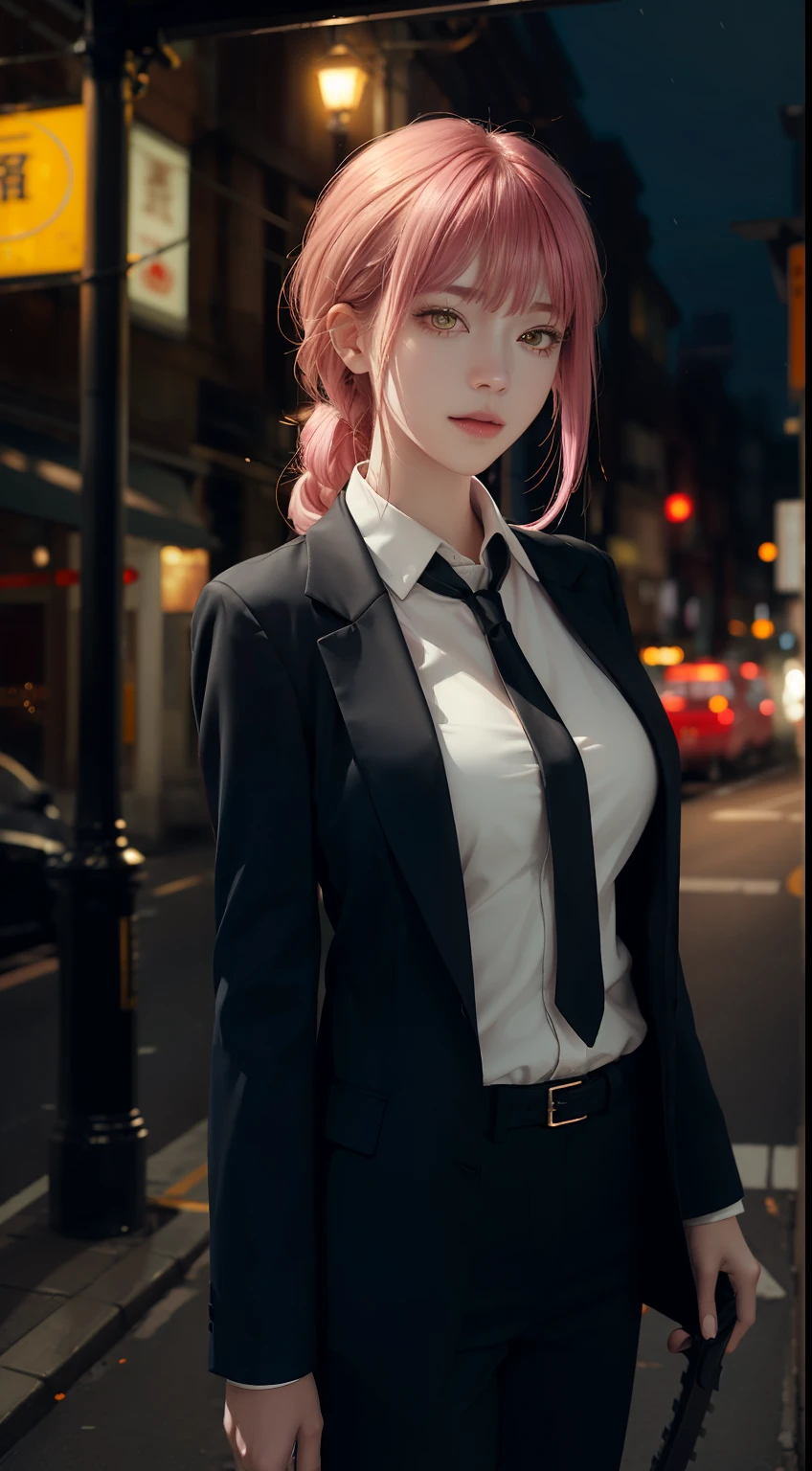 上Half body, (masterpiece), Detailed background, perfect lighting, 1 girl, Bangs, medium breasts, women's shirts,pink hair, yellow eyes, City, City的, Bokeh, depth of field, | Wear black tie |,hand \(chainsaw man\),hand\(chainsaw man\),handcsm,Half body