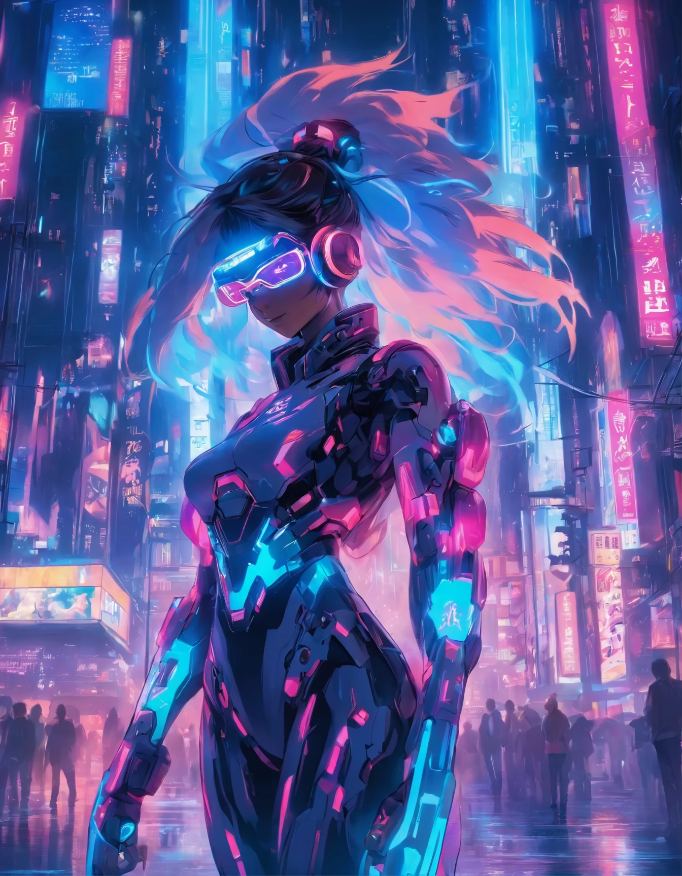 （best quality：1.3），（masterpiece：1.2），16k，level picture quality，future technology，1girl，A man wearing a cyberpunk-style biochemical suit，Woman wearing VR glasses，（glowing electronic screen），（Electronic information flow：1.3），Holographic projection，（Glowing electronic screen on arm：1.2），whole body多线条光条，Luminous text on thigh，Glowing electronic shoes，whole body，dynamic poses，Colored smoke，City blocks，skyscraper，neon lights，