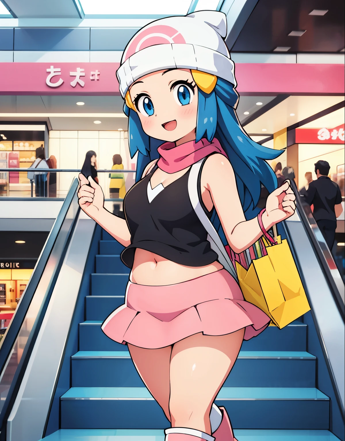 best quality,4k,8k,highres,masterpiece:1.2,ultra-detailed,realistic:1.37,portrait,illustration,girldawn \(pokemon\), beanie, long hair, blue hair, blue eyes, black sleeveless shirt, pink scarf, pink skirt, pink boots, body shape, curvy, downblouse, visible navel, chubby thighs,beautiful detailed eyes,beautiful detailed lips,detailed facial features,shopping mall,joyful expression,colorful clothing,modern fashion,shiny floors,large glass windows,brand name stores,shopping bags,escalators,crowded aisles,bustling atmosphere,shopping spree,happy atmosphere,vivid colors,soft natural lighting