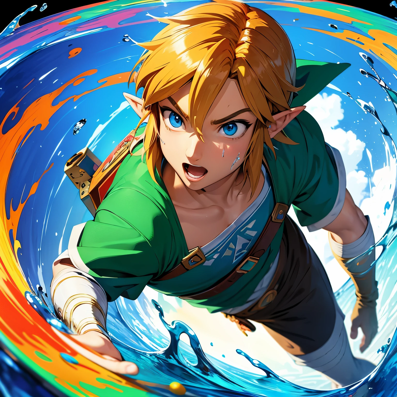 (ultra detailed,ultra high res,detailed background),((2D)),((flat color)),((colorful)),((floating colorful water)),1boy,solo,looking at viewer,BREAK, Link, the legend of zelda ocarina of time