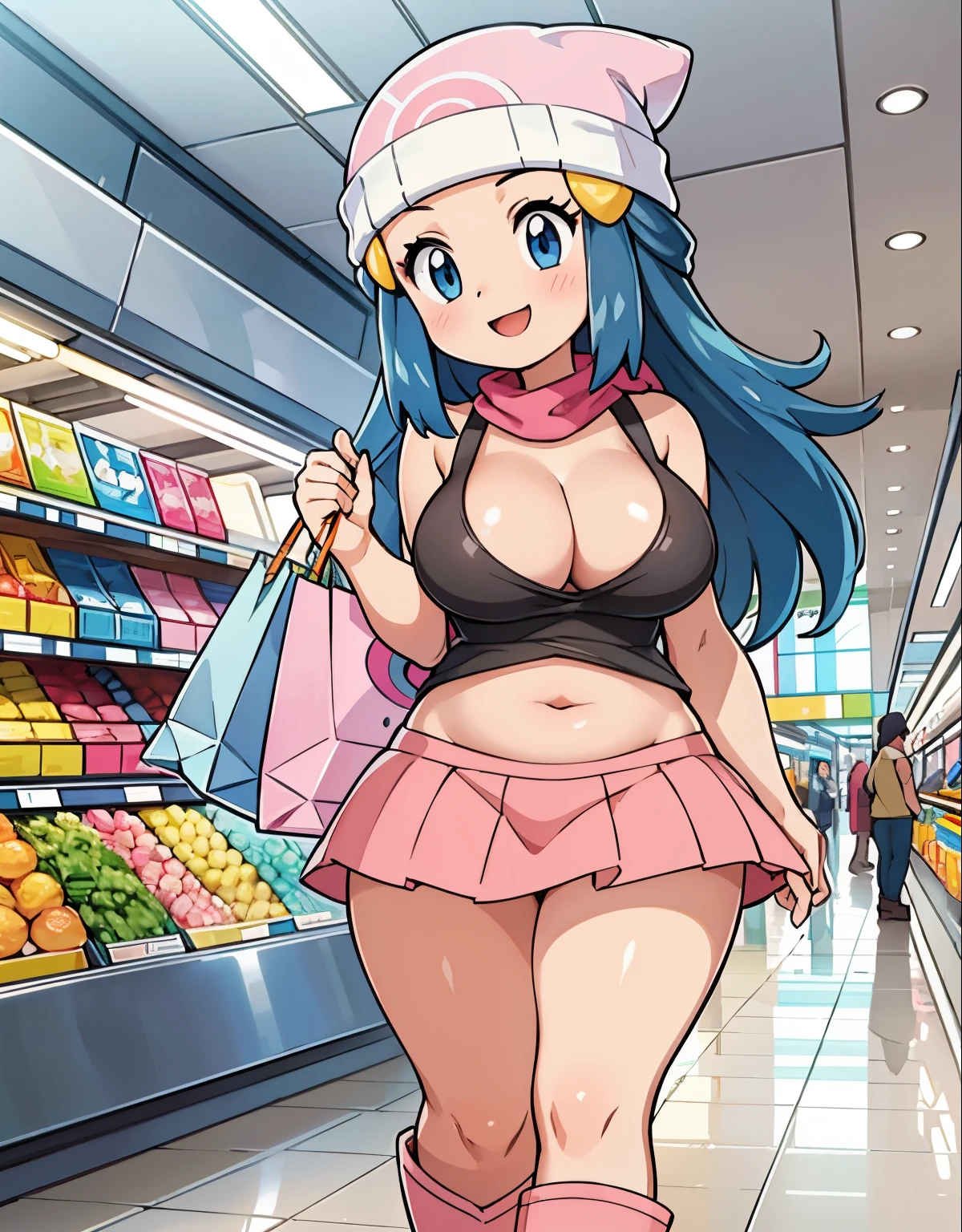 best quality,4k,8k,highres,masterpiece:1.2,ultra-detailed,realistic:1.37,portrait,illustration,girldawn \(pokemon\), beanie, long hair, blue hair, blue eyes, black sleeveless shirt, pink scarf, pink skirt, pink boots, body shape, curvy, downblouse, visible navel, chubby thighs,beautiful detailed eyes,beautiful detailed lips,detailed facial features,shopping mall,joyful expression,colorful clothing,modern fashion,shiny floors,large glass windows,brand name stores,shopping bags,escalators,crowded aisles,bustling atmosphere,shopping spree,happy atmosphere,vivid colors,soft natural lighting