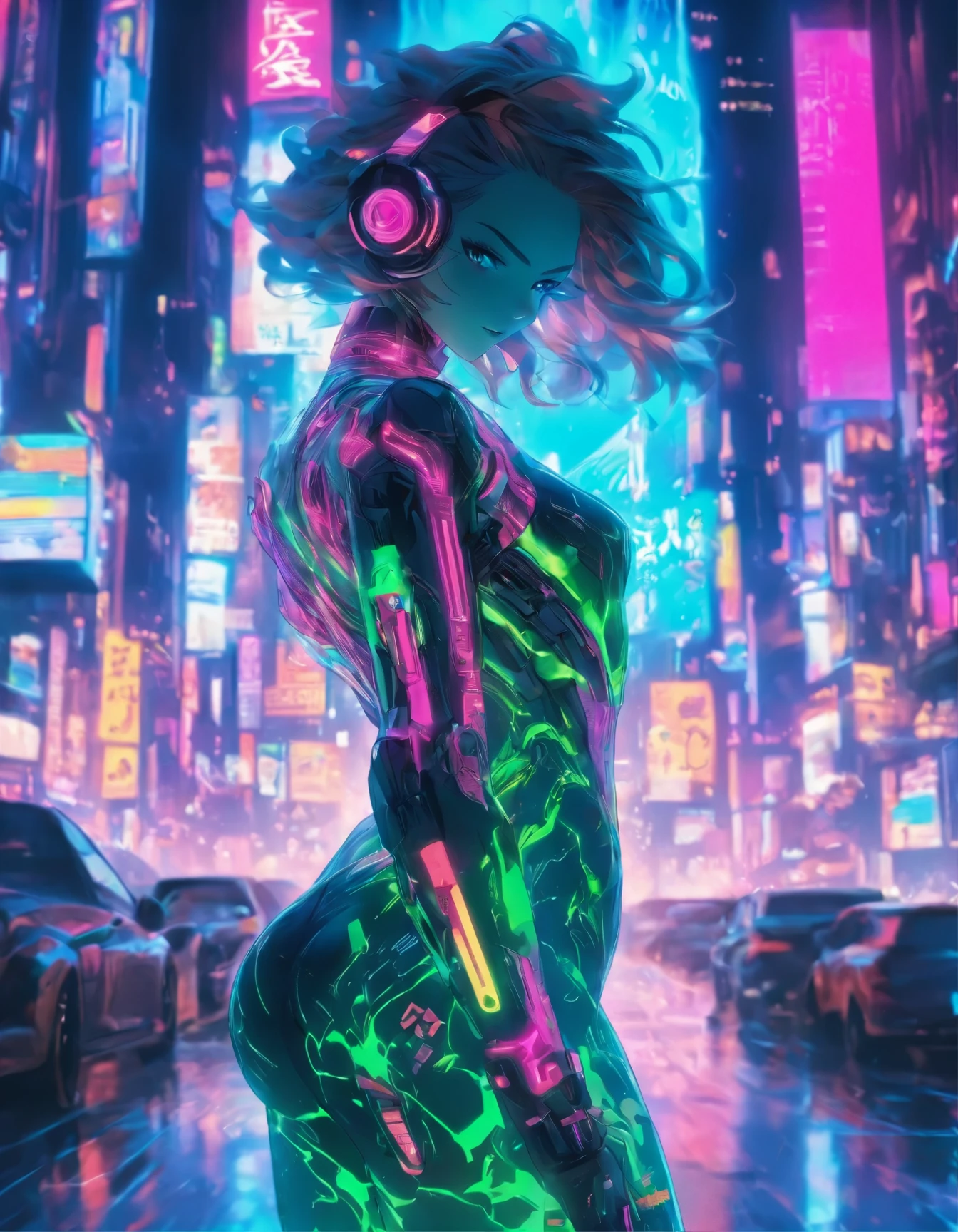 （best quality：1.3），（masterpiece：1.2），16k，level picture quality，future technology，1girl，A man wearing a cyberpunk-style biochemical suit，Woman wearing VR glasses，（glowing electronic screen），（Electronic information flow：1.3），Holographic projection，（Glowing electronic screen on arm：1.2），Multi-line light strips all over the body，Luminous text on thigh，dynamic poses，Colored smoke，City blocks，skyscraper，neon lights，