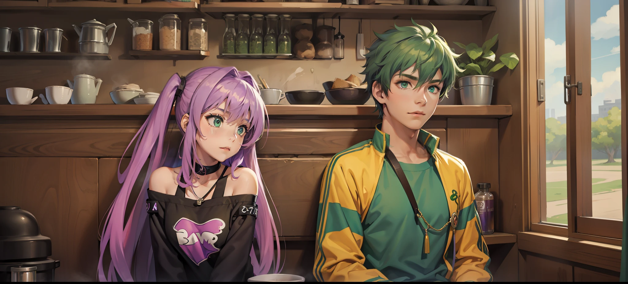 a girl with purple hair and eyes and a 17-year-old boy with green hair and green eyes