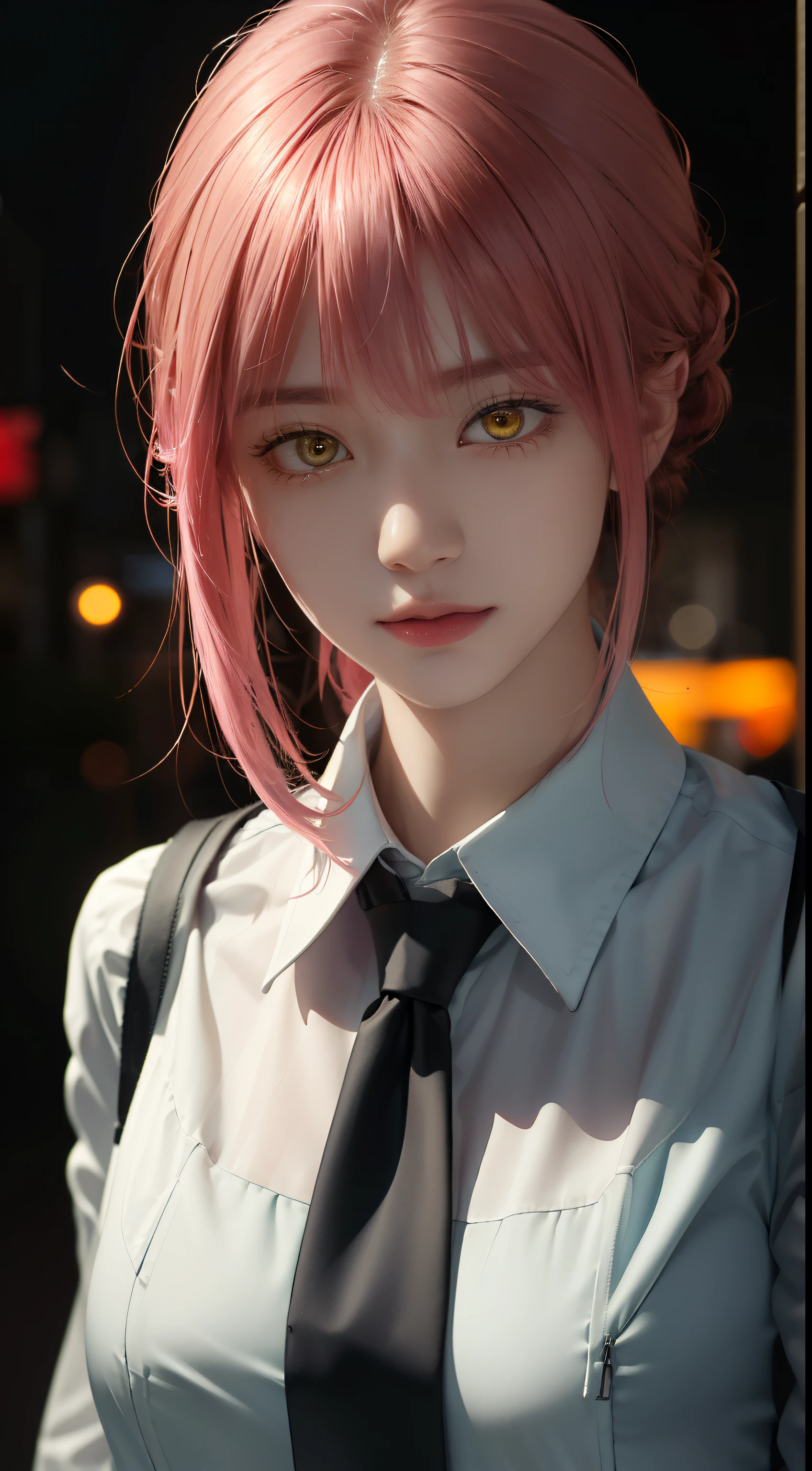 上Half body, (masterpiece), Detailed background, perfect lighting, 1 girl, Bangs, medium breasts, woman'shirt,pink hair, yellow eyes, City, City的, Bokeh, depth of field, | Wear black tie |,hand \(chainsaw man\),hand\(chainsaw man\),handcsm,Half body