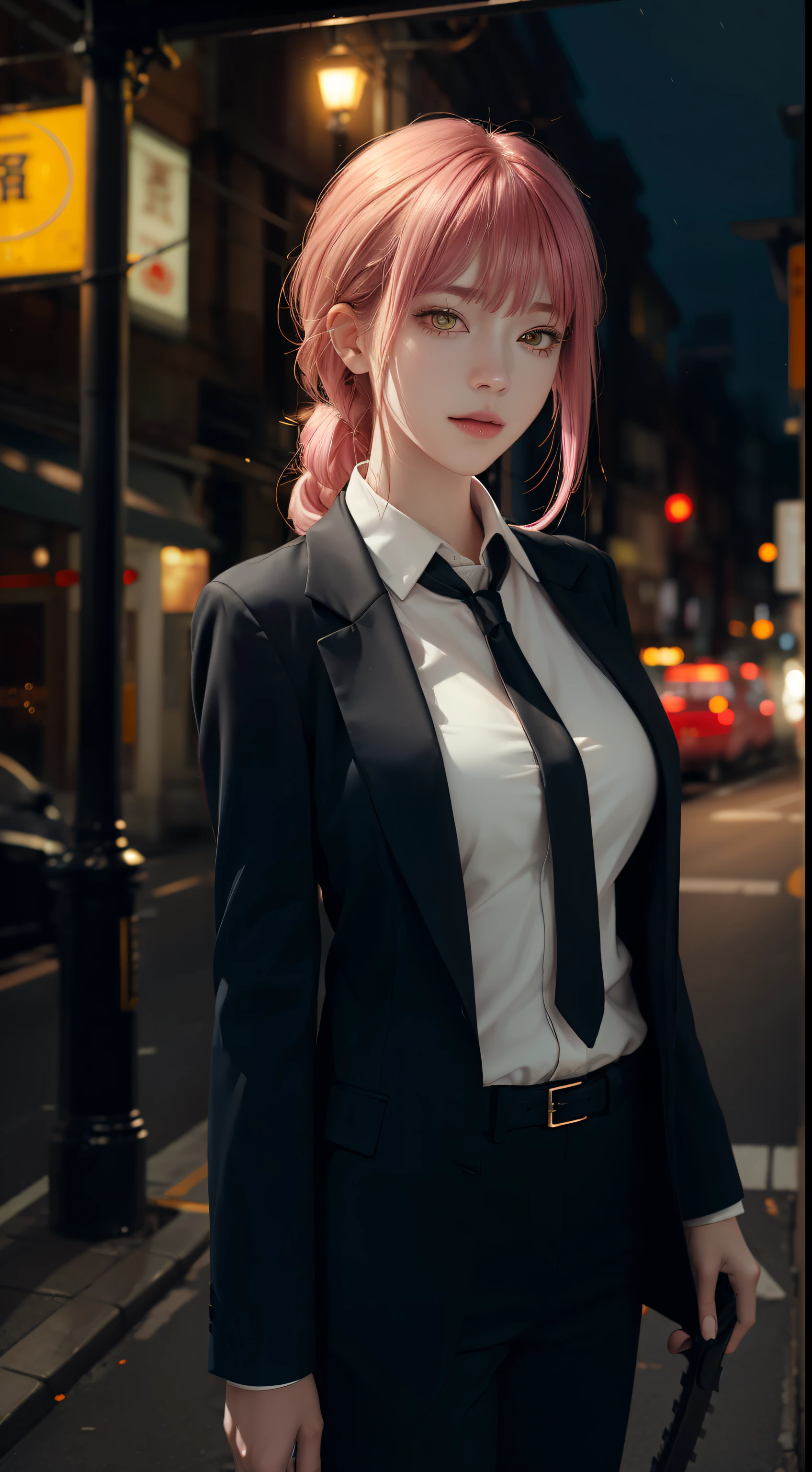 上Half body, (masterpiece), Detailed background, perfect lighting, 1 girl, Bangs, medium breasts, woman'shirt,pink hair, yellow eyes, City, City的, Bokeh, depth of field, | Wear black tie |,hand \(chainsaw man\),hand\(chainsaw man\),handcsm,Half body