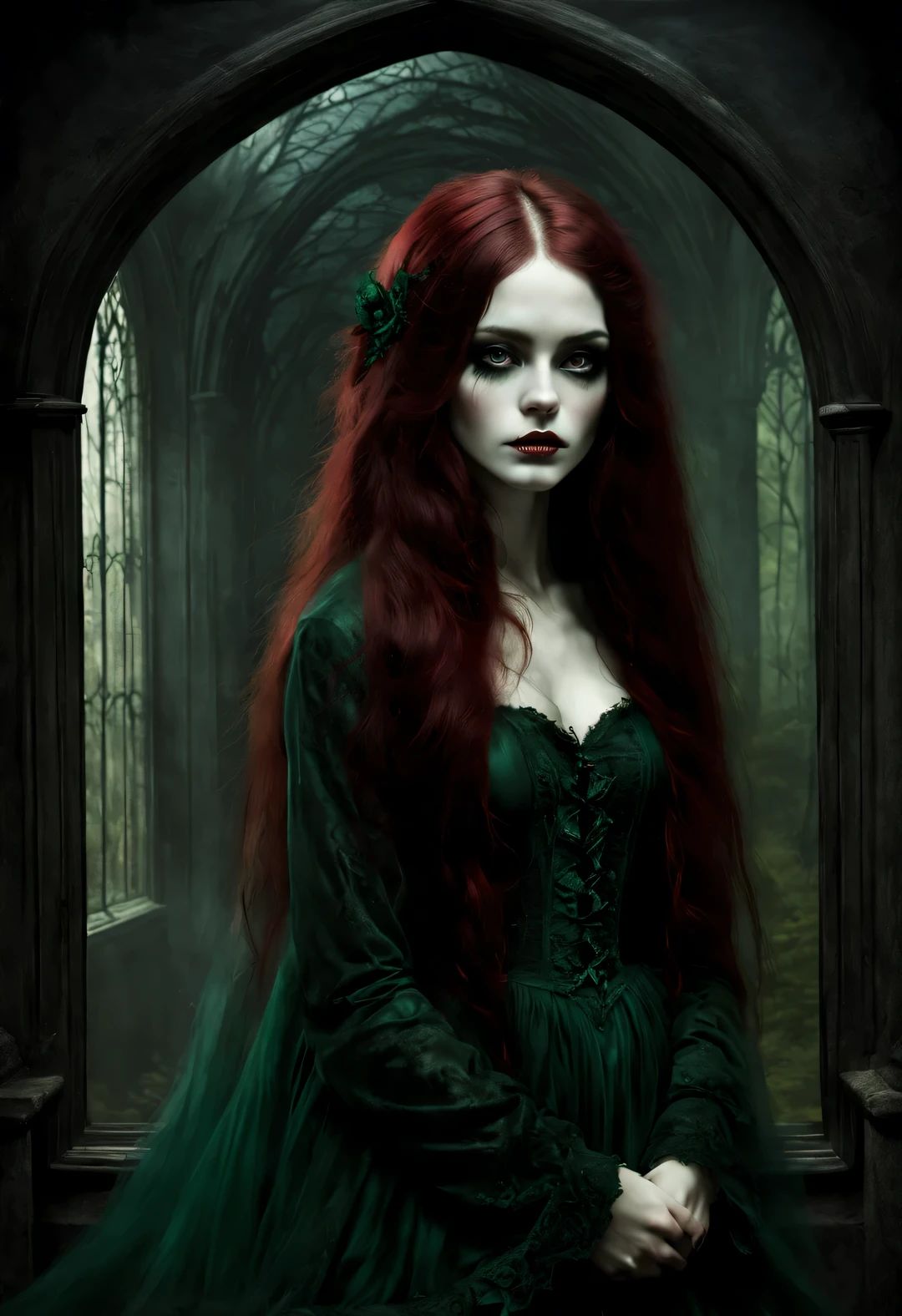 gothic dark art,Dream,amazing rag doll,dark red hair,dark green,partial reflection