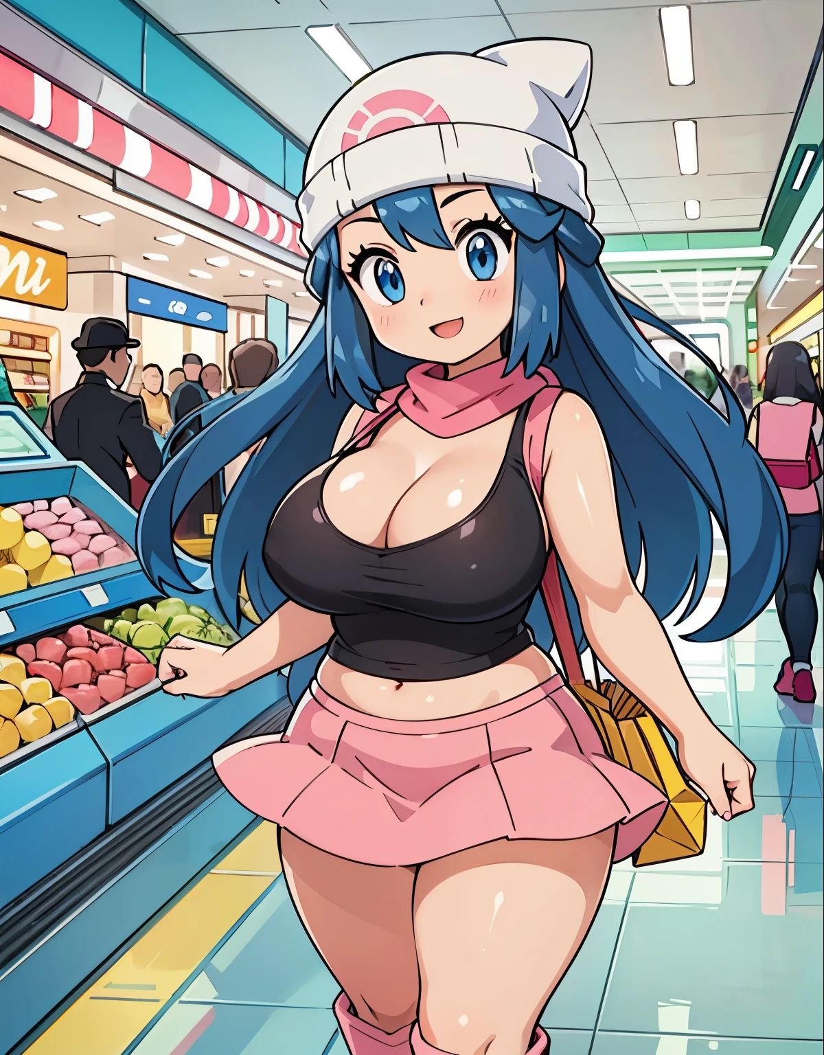 best quality,4k,8k,highres,masterpiece:1.2,ultra-detailed,realistic:1.37,portrait,illustration,girldawn \(pokemon\), beanie, long hair, blue hair, blue eyes, black sleeveless shirt, pink scarf, pink skirt, pink boots, body shape, curvy, downblouse, visible navel, chubby thighs,beautiful detailed eyes,beautiful detailed lips,detailed facial features,shopping mall,joyful expression,colorful clothing,modern fashion,shiny floors,large glass windows,brand name stores,shopping bags,escalators,crowded aisles,bustling atmosphere,shopping spree,happy atmosphere,vivid colors,soft natural lighting