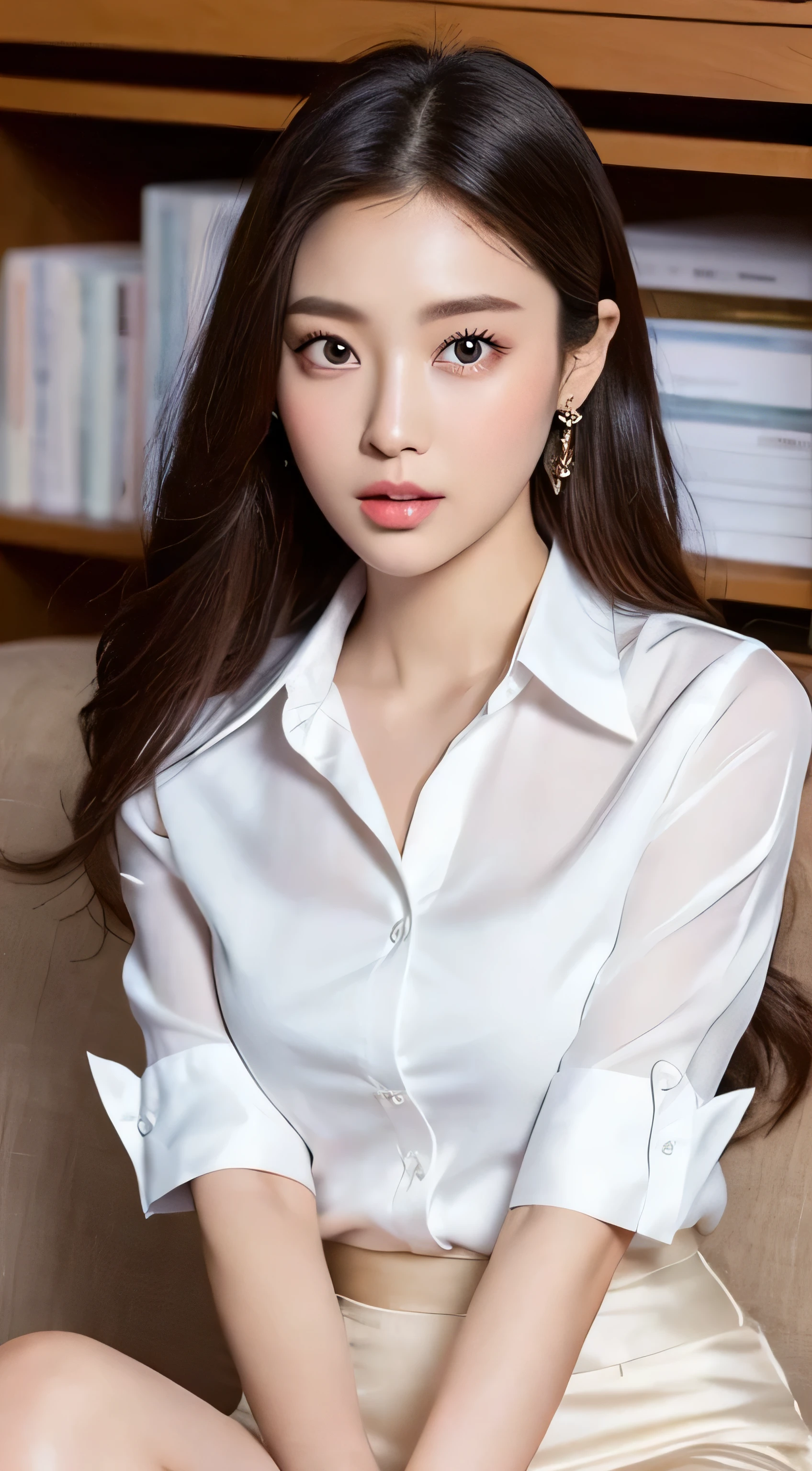 ((Best Quality, 32K, Masterpiece: 1.2)), korean gorgeous model girl, (white silk pencil shirt), Acura, black pencil skirt, full body, office, white pointed heels, earings on ears, pendent, beautiful eyes, real, full bodyesbian，long leges, perfect figure beautiful woman：1.2, Highly detailed facial and skin texture, detailed eye, Double eyelid, real human, realistic, full body, beautiful gorgeous face, face shape perfect, amazing eyes, shine eyes, glossy lips