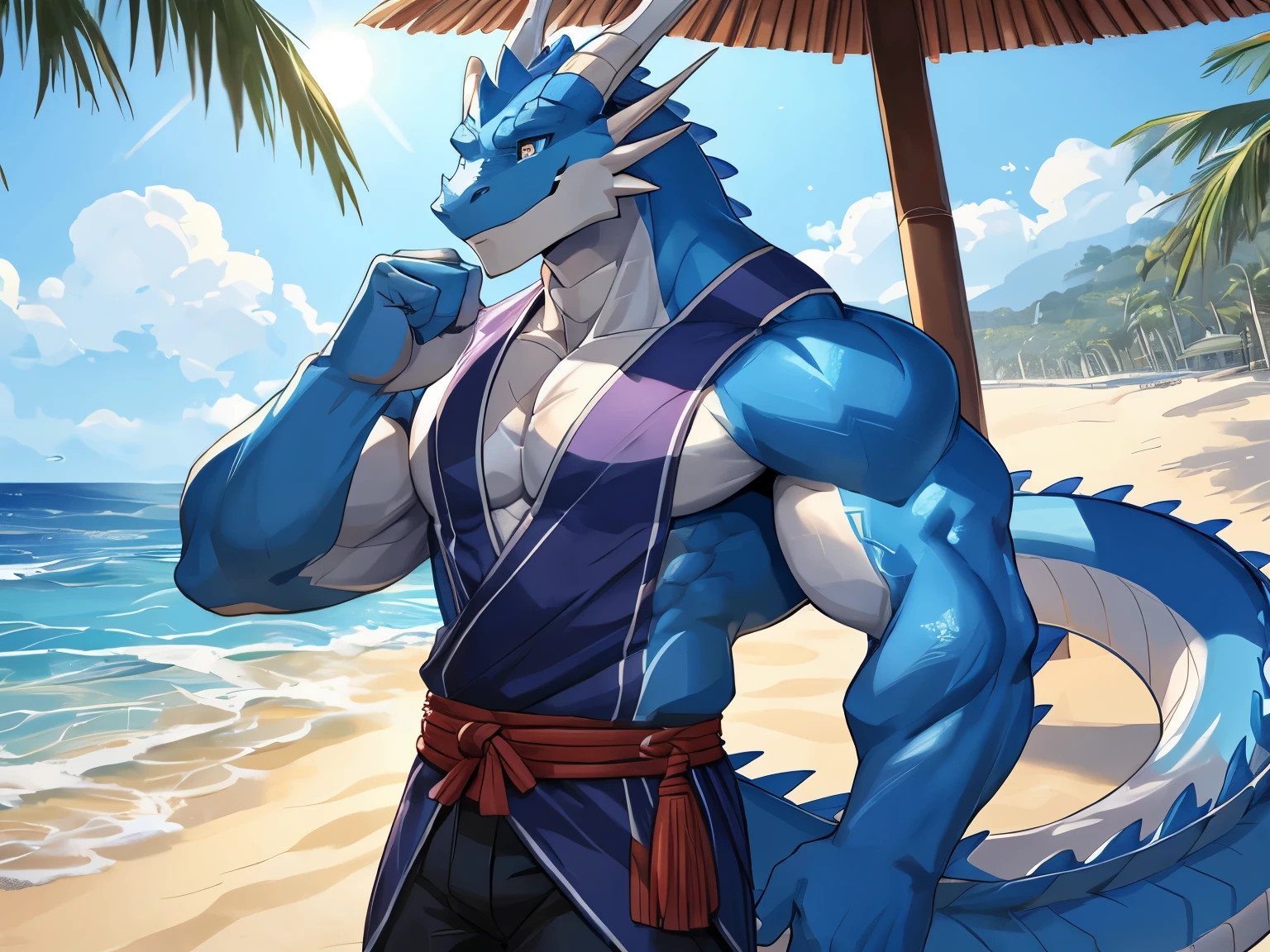 blue-white scales, Oriental Dragon, muscular body, perfect eyes, Handsome, nice, casual outfit, smiling, cool pose, beach background,
