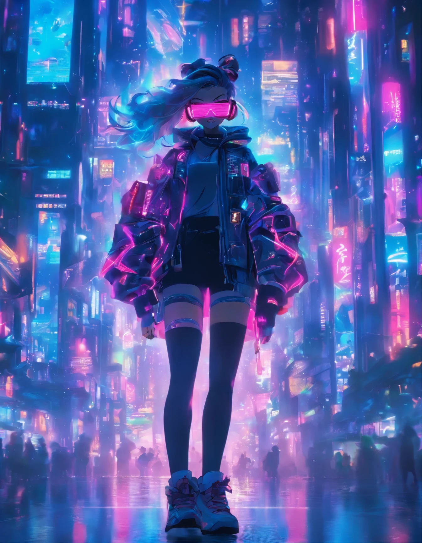 (best quality:1.3),(masterpiece:1.2),16k,level picture quality,future technology,1girl,A man wearing a cyberpunk-style biochemical suit,Woman wearing VR glasses,(glowing electronic screen),(Electronic information flow:1.3),Holographic projection,(Glowing electronic screen on arm:1.2),Multi-line light strips all over the body,Luminous text on thigh,dynamic poses,Colored smoke,City blocks,skyscraper,neon lights,