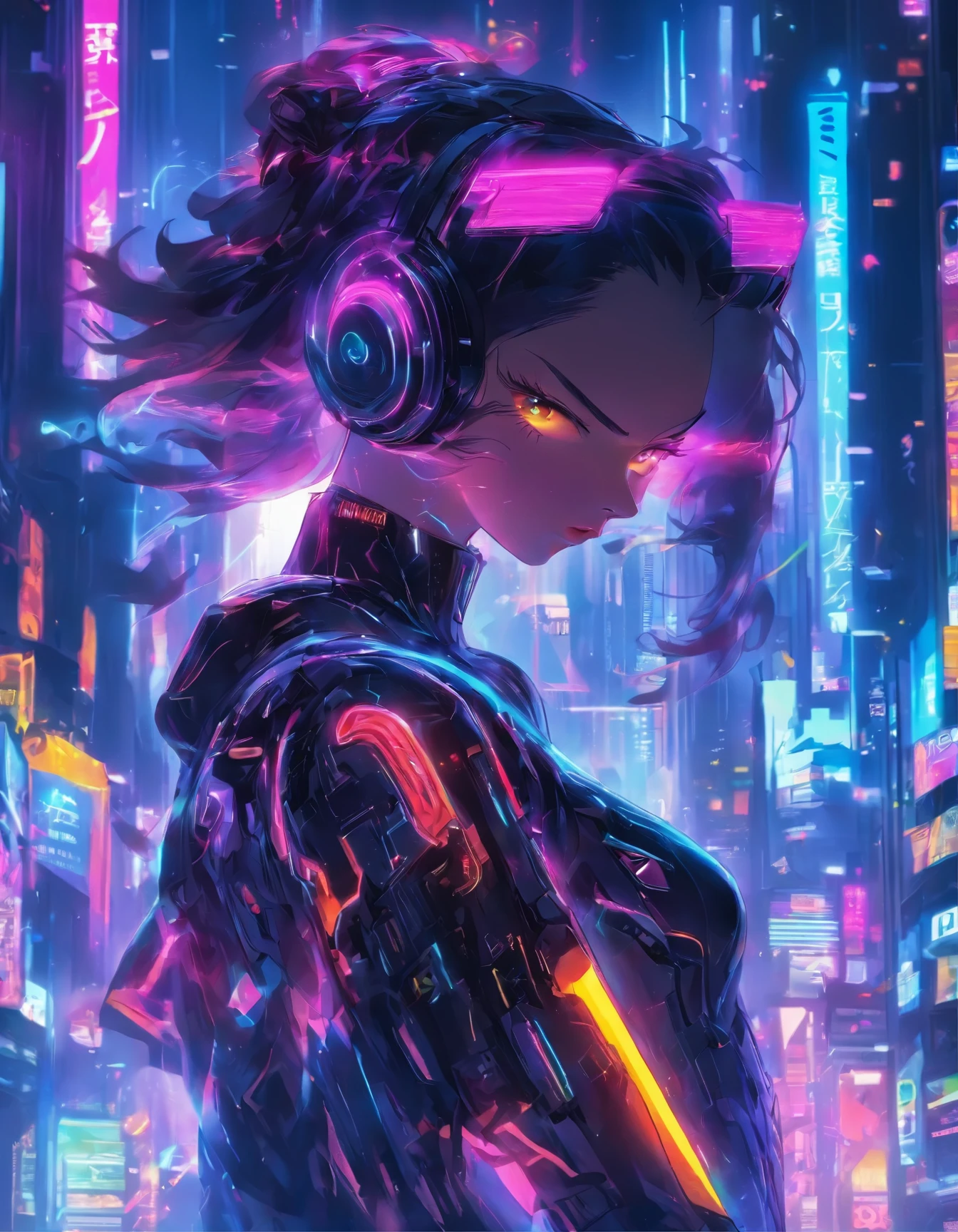 （best quality：1.3），（masterpiece：1.2），16k，level picture quality，future technology，1girl，A man wearing a cyberpunk-style biochemical suit，Woman wearing VR glasses，（glowing electronic screen），（Electronic information flow：1.3），Holographic projection，（Glowing electronic screen on arm：1.2），Multi-line light strips all over the body，Luminous text on thigh，dynamic poses，Colored smoke，City blocks，skyscraper，neon lights，