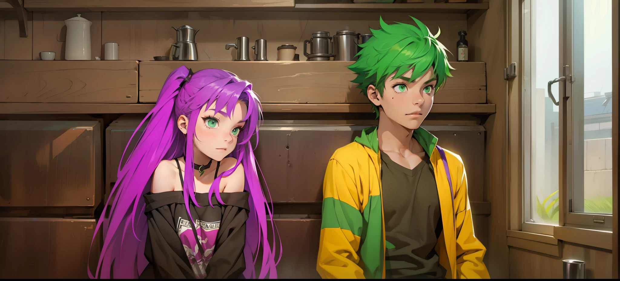 a girl with purple hair and eyes and a 17 year oldreen hair and green eyes