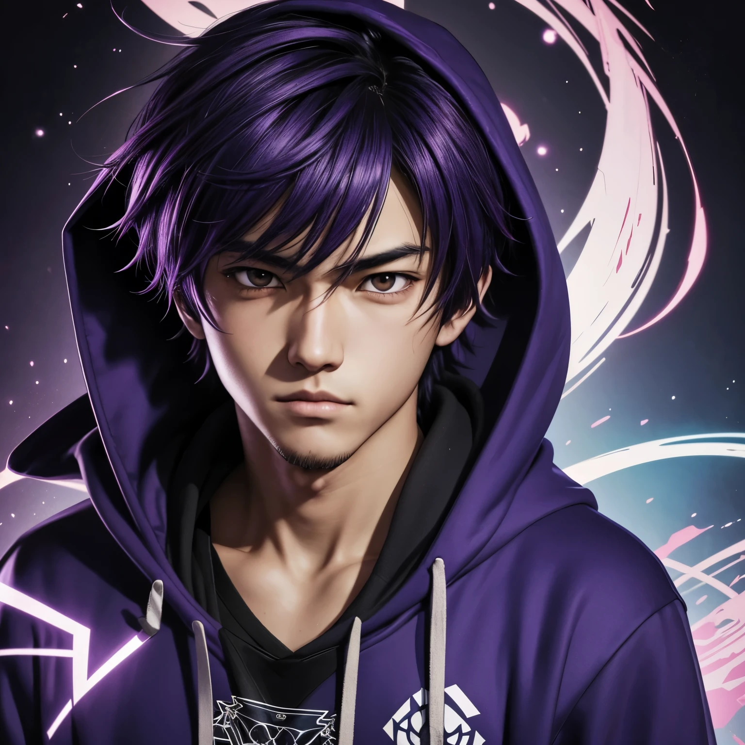 Close-up of a person wearing a hoodie with a question mark, hiroyuki takahashi color scheme, Kentaro Miura's manga art style, High quality color sketches, half body portrait, young man wearing a purple hoodie, Demon slayer art handsome man, semi-realistic anime style, Cell - Shaded Art Style, anime youth, as an anime character