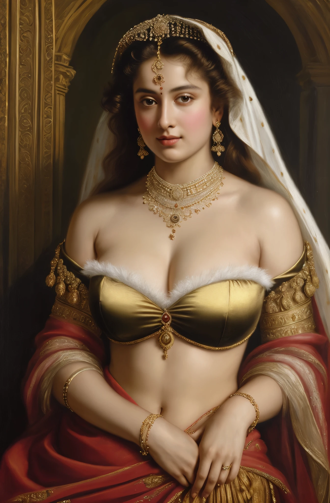 Best quality, highly detailed, masterpiece, Indian princess, Rajkanya, royal clothes, Masterpiece, extremely gorgeous woman, matchless Beauty, portrait, Peter Paul Rubens style, Woman, off shoulder bandeau crop blouse, beautifully styled hair, fluffy hair, middle ages, classicism, andrey atroshenko style, painting, long hair, styled hair, traditional media, realistic, figurative, fine art, detailed Art, oil on canvas, HDR, 8K, original character, high resolution, high detail, focus on the face, intricate, flawless, fluffy hair, Peter Paul Rubens style, By Peter Paul Rubens, sharp picture, no crown