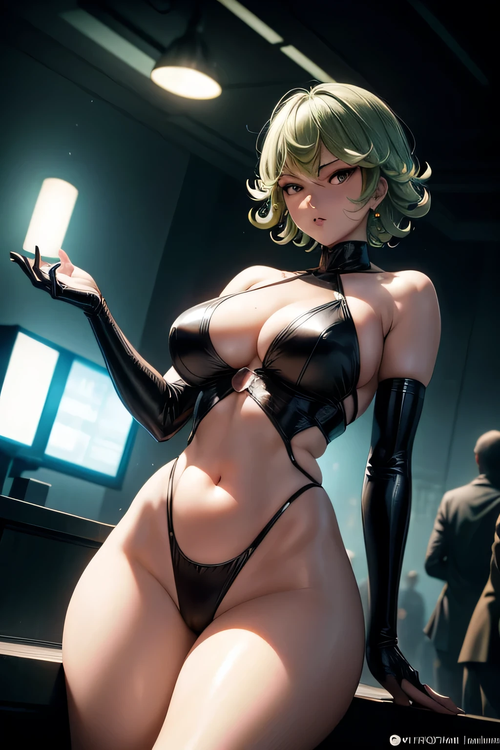 Tatsumaki from the anime onepunchman, Hyperrealistic, realistic texture, impressive lighting, (Best quality:1.1), depth of field, night, in a futuristic cyberpunk city, HDR, shallow depth of field, wide light, High contrast, backlight, blossom, the light sparkles, Chromatic aberration, sharp focus, Beauty512, foreground, feminine languid pose, in underwear, open belly, big breasts, big hips, best body, bare shoulders, transparent clothes from the net