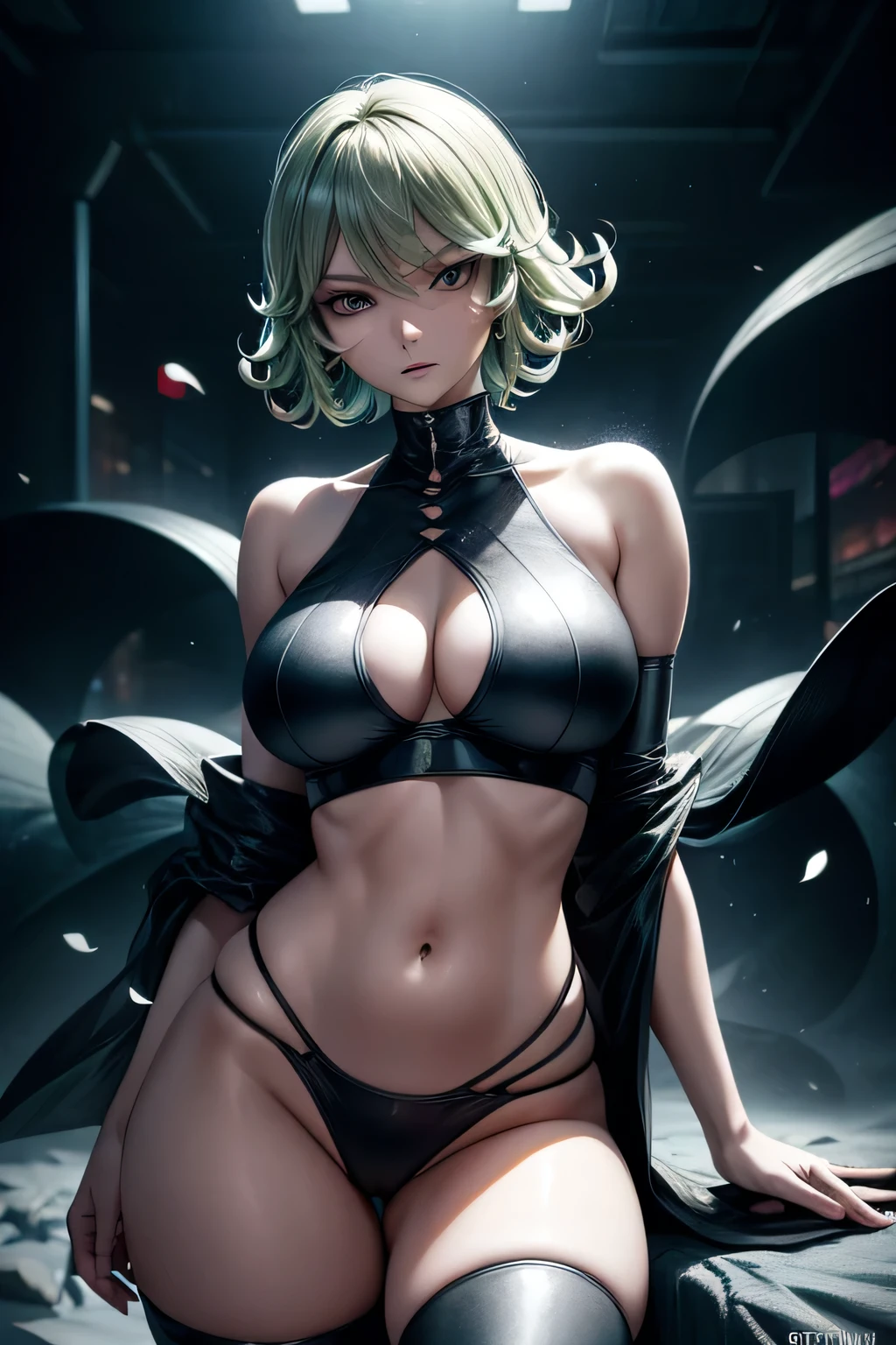 Tatsumaki from the anime onepunchman, Hyperrealistic, realistic texture, impressive lighting, (Best quality:1.1), depth of field, night, in a futuristic cyberpunk city, HDR, shallow depth of field, wide light, High contrast, backlight, blossom, the light sparkles, Chromatic aberration, sharp focus, Beauty512, foreground, feminine languid pose, in underwear, open belly, big breasts, big hips, best body, bare shoulders, transparent clothes from the net