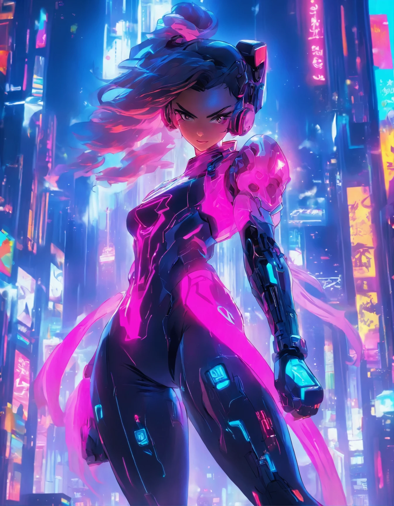 (best quality:1.3),(masterpiece:1.2),16k,level picture quality,future technology,1girl,A man wearing a cyberpunk-style biochemical suit,Woman wearing VR glasses,(glowing electronic screen),(Electronic information flow:1.3),Holographic projection,(Glowing electronic screen on arm:1.2),Multi-line light strips all over the body,Luminous text on thigh,dynamic poses,Colored smoke,City blocks,skyscraper,neon lights,