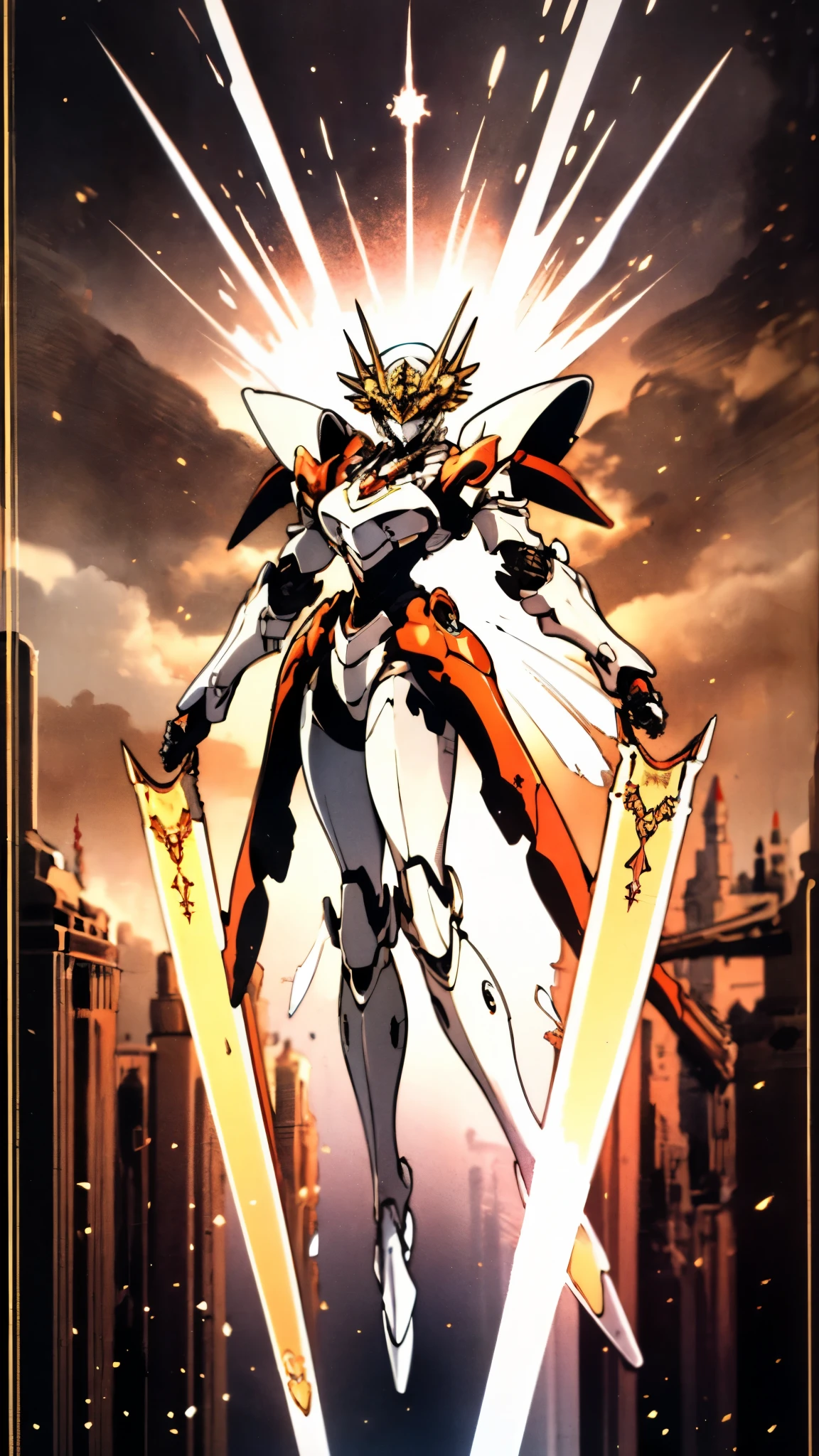 A woman adorned in fantasy-style full-body armor, a crown-concept fully enclosed helmet that unveils only her eyes, a composite layered chest plate, fully encompassing shoulder and hand guards, a lightweight waist armor, form-fitting shin guards, the overall design is heavy-duty yet flexible, ((the armor gleams with a golden glow, complemented by red and blue accents)), exhibiting a noble aura, she floats above a fantasy-surreal high-tech city, this character embodies a finely crafted fantasy-surreal style armored hero in anime style, exquisite and mature manga art style, (Queen bee mixed with Spider concept Armor, plasma, blood), ((Element, energy, elegant, goddess, femminine:1.5)), metallic, high definition, best quality, highres, ultra-detailed, ultra-fine painting, extremely delicate, professional, anatomically correct, symmetrical face, extremely detailed eyes and face, high quality eyes, creativity, RAW photo, UHD, 32k, Natural light, cinematic lighting, masterpiece-anatomy-perfect, masterpiece:1.5