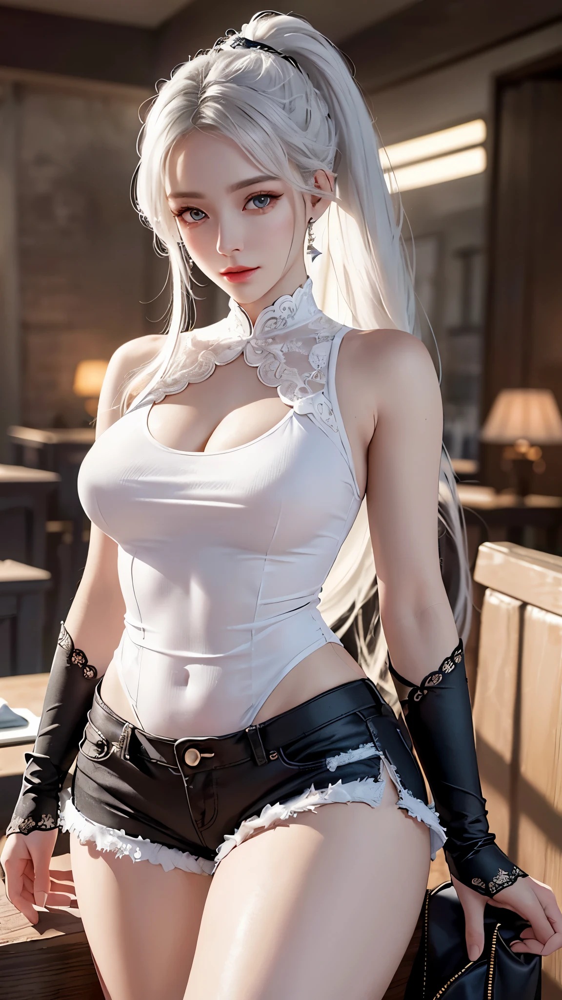 a white hair、Close-up of woman wearing white mask, beautiful figure painting, guweiz, guweiz style artwork, White-haired God, author:Yang Jie, Epic and beautiful character art, Stunning character art, author:Fan Qi, by Wuzhun Shifan, guweiz in pixiv artstation street, single ponytail, Side Mao Insult, high ponytail, tall figure, long legs, (sleeveless lace shirt), (shorts), (striped )), ((striped )), walk, elegant, dignified, feminine, Beautiful curves, sweet smile, Strong sense of detail and layering, Rich and gorgeous colors, Has a unique texture, colorful, Color harmony, vivid, design art, 16k, super detailed, {{illustration}}, {extremely delicate and beautiful}, {Sophisticated finish}, Super detailed, Exquisite glowing eyes, {{movie lighting}}, Extreme light effects, Model: realism, CFG scale: 12, lola: Bright texture (1.35), high quality, masterpiece, Exquisite facial features, Delicate hair depiction, Delicate depiction of eyes, masterpiece, best quality, Ray tracing, Extremely detailed CG unified 8k wallpaper, masterpiece, best quality, (1 girl), perfect female figure, (((tight white t shirt))), beautiful eyes, (delicate face), short black hair, hair tied up, Light blue hairpins, black silk frame glasses, in the classroom, (White skin), (best lighting), (Super intricate details), 4K unified, (super detailed CG), Showing white legs, , hot pants, shorts,