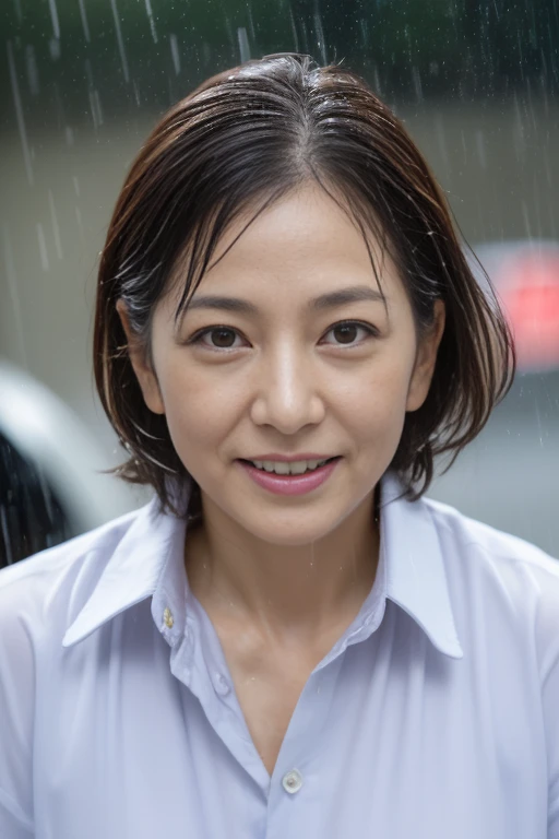 NSFW, high resolution, high quality image quality, rainy city street corner, ((Japanese female, 47 years old), alone, ((wrinkles on face)), shoulder-length light brown straight hair, (((screen) in the center, with only his face facing towards you))), smiling, white collared shirt, tight cart, ((whole body gets soaked in the rain)),