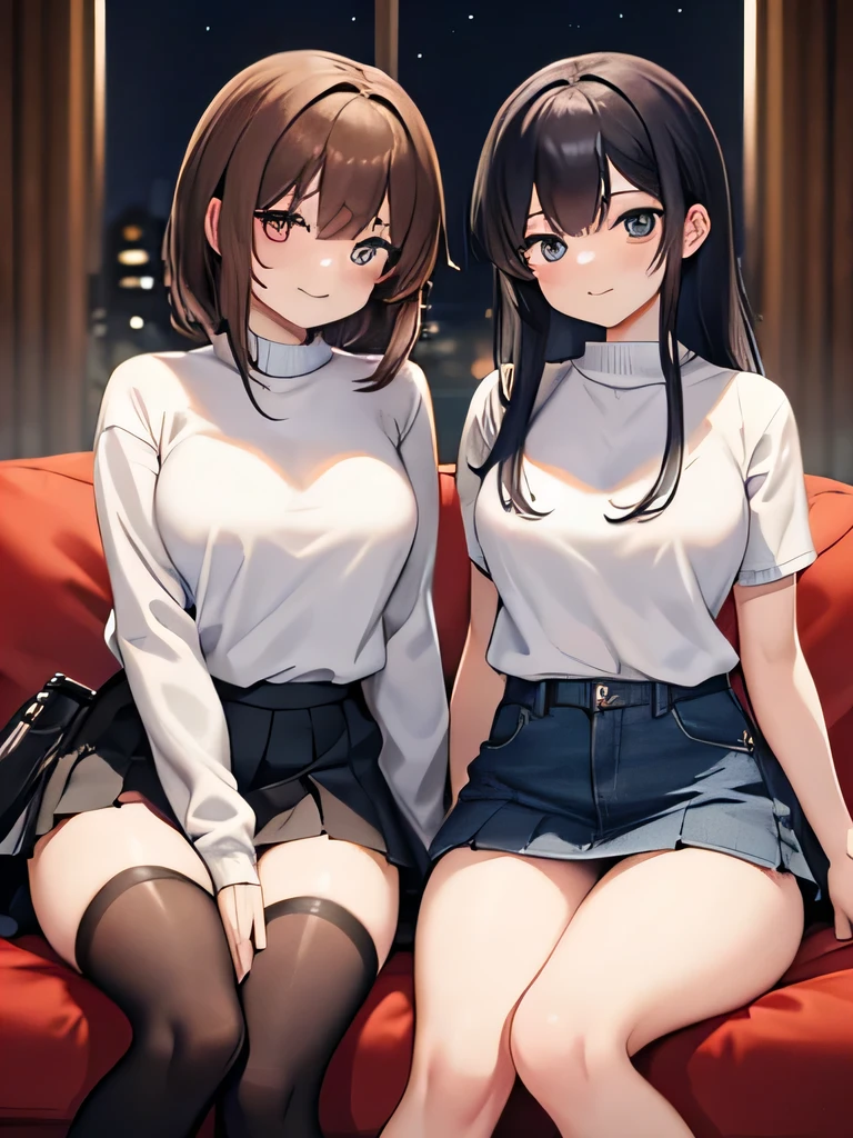 (1) two women sitting next to each other, Drink a drink on a cushion on the flooring. worn by both women、I'm sitting with my legs on the side。, Her white panties are fully visible between her thighs and skirt.. (2) The first woman wears a turtle knit and a pleated miniskirt、I'm wearing black socks。. she has long black hair. she looks mature. (3) The second woman is wearing a high neck knit, Denim miniskirt and white leg warmers. She has short brown hair. She has a young face. (4) The location is the living room at night.. (5) Both are provocative and grinning..
