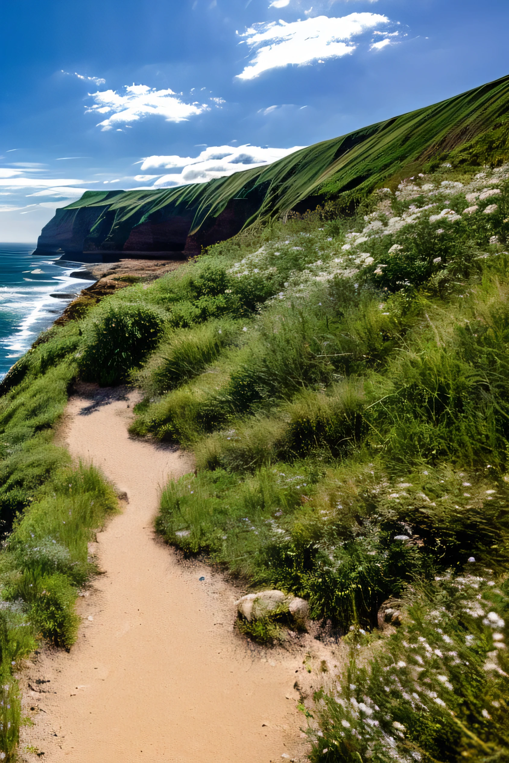 Cliffs by the ocean, waves crash against the rocks, A narrow, winding path, paved with loose gravel and bordered by wildflowers