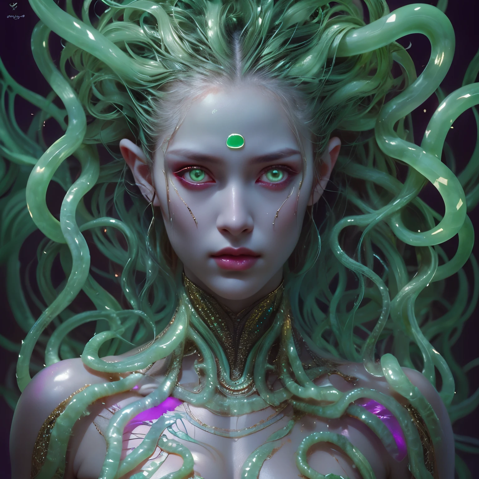 (1 female medusa-like mutant: 1.2), With a beautiful, enchanting face, this alien seduces us with her allure. Her captivating red eyes gleam brightly, reminiscent of burning embers. Her full body is unlike any human's, boasting a sexy, otherworldly form. No humans are present in this scene as she stands alone, her cells fused in a unique and intriguing extraterrestrial way.
(extraordinary beautiful nude photo:1.4), (glowing Jade eyes:1.5), (sexy and glamorous:1.1), (coquettish expression:1.2), toned lean body, (muscular:1.2), (beautiful abs:1.5), beautiful nipples, She has lots of iridescent translucent tentacles instead of her hair, pale skin, (white skin with prominent veins:1.3),
Lots of iridescent translucent tentacles adorn her body, shimmering under the dramatic lighting. Her pale skin, with a hint of translucency, adds to her ethereal allure. This masterpiece, rendered in, (There is a female genital-like organ in the middle of the forehead:1.6),