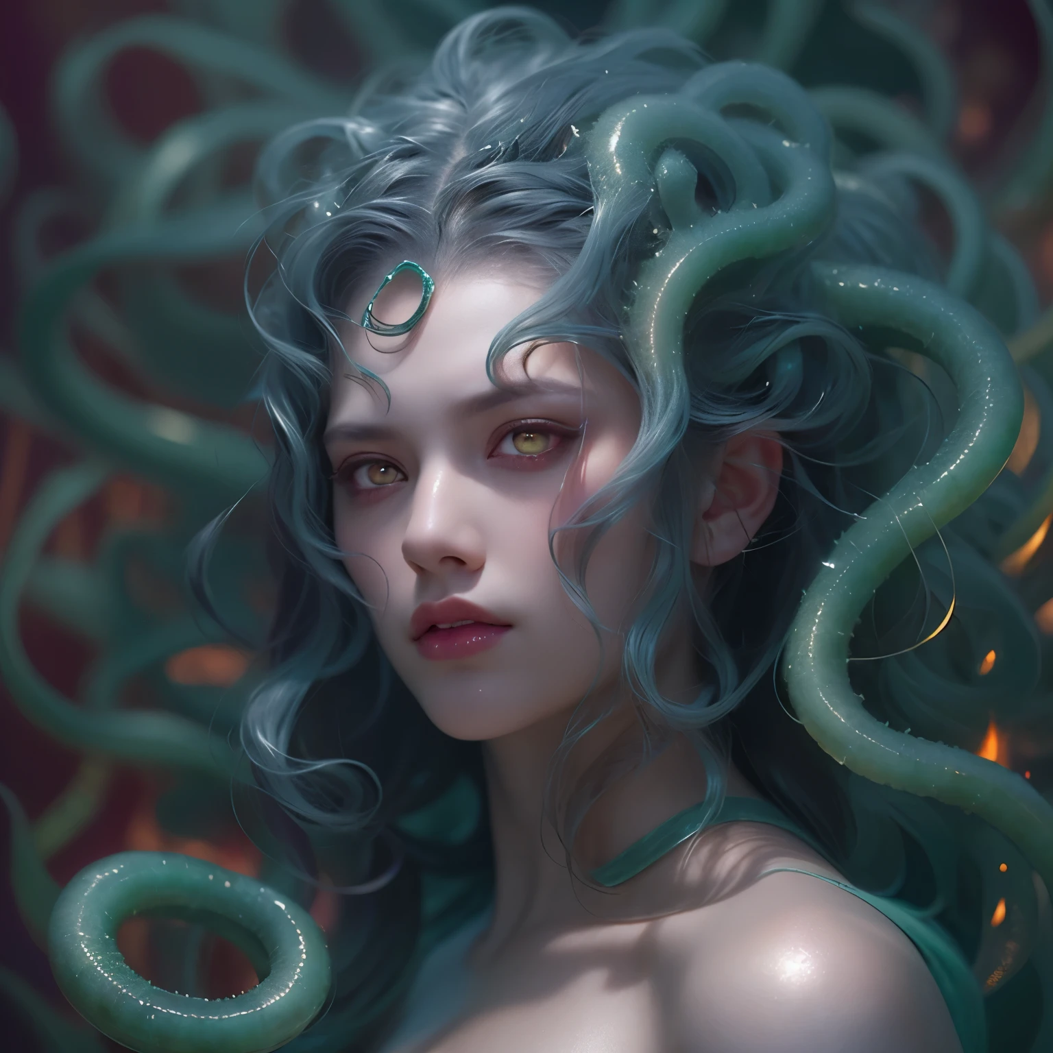 cinematic photo of a pale girl with aqua octopus tentacles in her hair, beautiful octopus woman, perfect cute face, portrait of an octopus goddess, beautiful futuristic hair style, medusa's long flowing hair, portrait of age medusa, green eyes, golden laurel wreath, some tentacles are touching her , octopus goddess, tentacles growing from her face, covered in tentacles, young as jellyfish, beautiful female gorgon,(Close portrait:1.3),(feminine:1.4),(beautiful:1.4),(attractive:1.3),beautiful,pose calendar,perfectly detailed eyes,studio lighting,themed background. 35mm photography, film, Bokeh, professional, 4K, Highly detailed