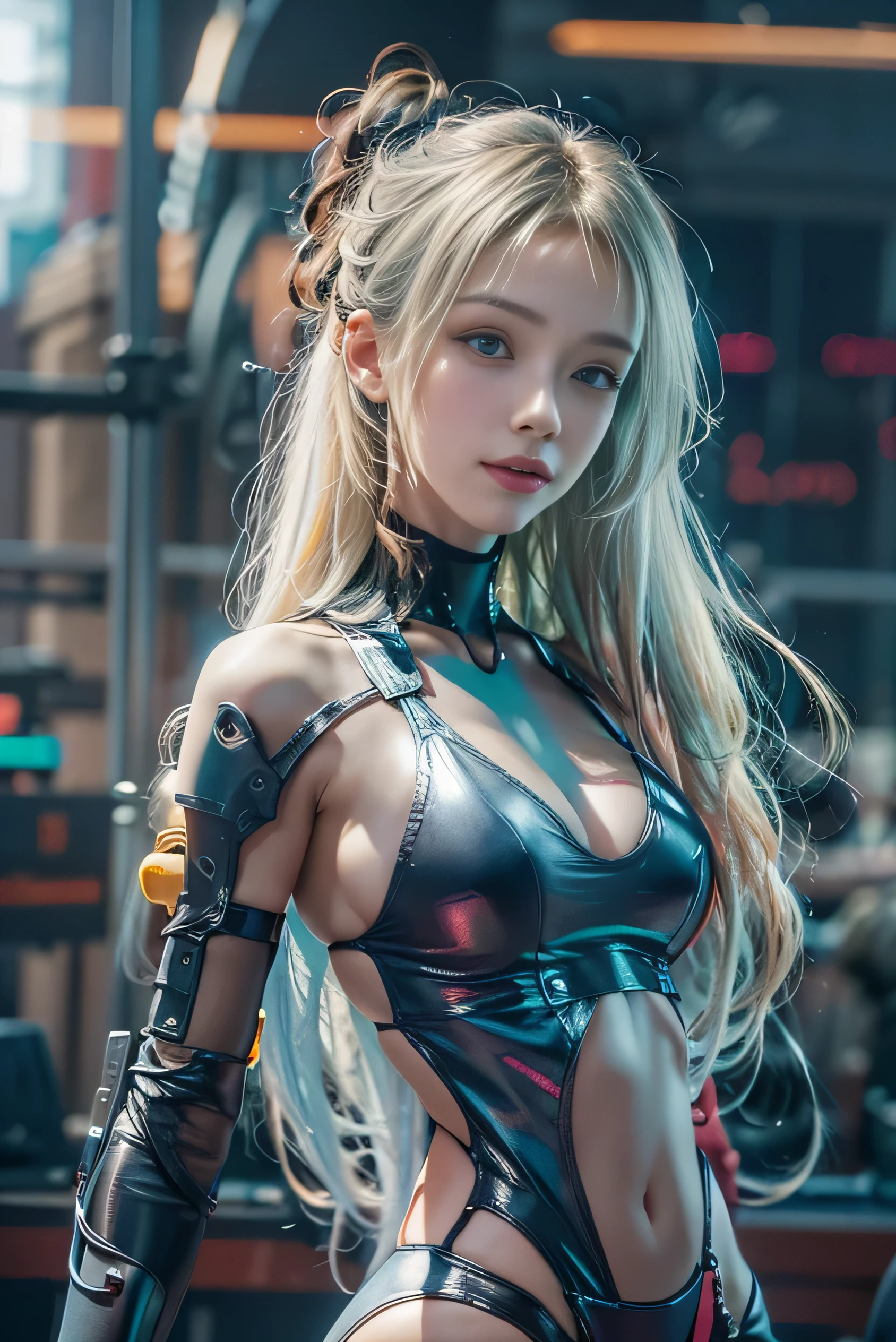 (photorealistic:1.8, highest quality:1.8,8K masterpiece:1.8,muste piece:1.8,RAW Photos,cinematic lighting, Lens flare)),One 23 year old woman,latex,(Sheer Metallic Gold Leotard,choker),( face,details face,detailed lip,beautiful detailed blue eyes:1.7,double eyelid:1.6,long eyelashes),beautiful skin:1.8,beautiful hip line,beautiful thighs, (looking at the camera:1.5),(photo seen from behind:1.3),( midium hair:1.2,Beautiful shining blue blonde hair:1.5), expression(Impish Smile:1.3),Pause(emphasize the buttocks,sexy back view,Seductive pose:1.5),(Moderate chest:1.3),(cyberpunk art、cyberpunk architecture),normal hands:1.5,normal finger:1:5,normal feet:1.5,(cameltoe)