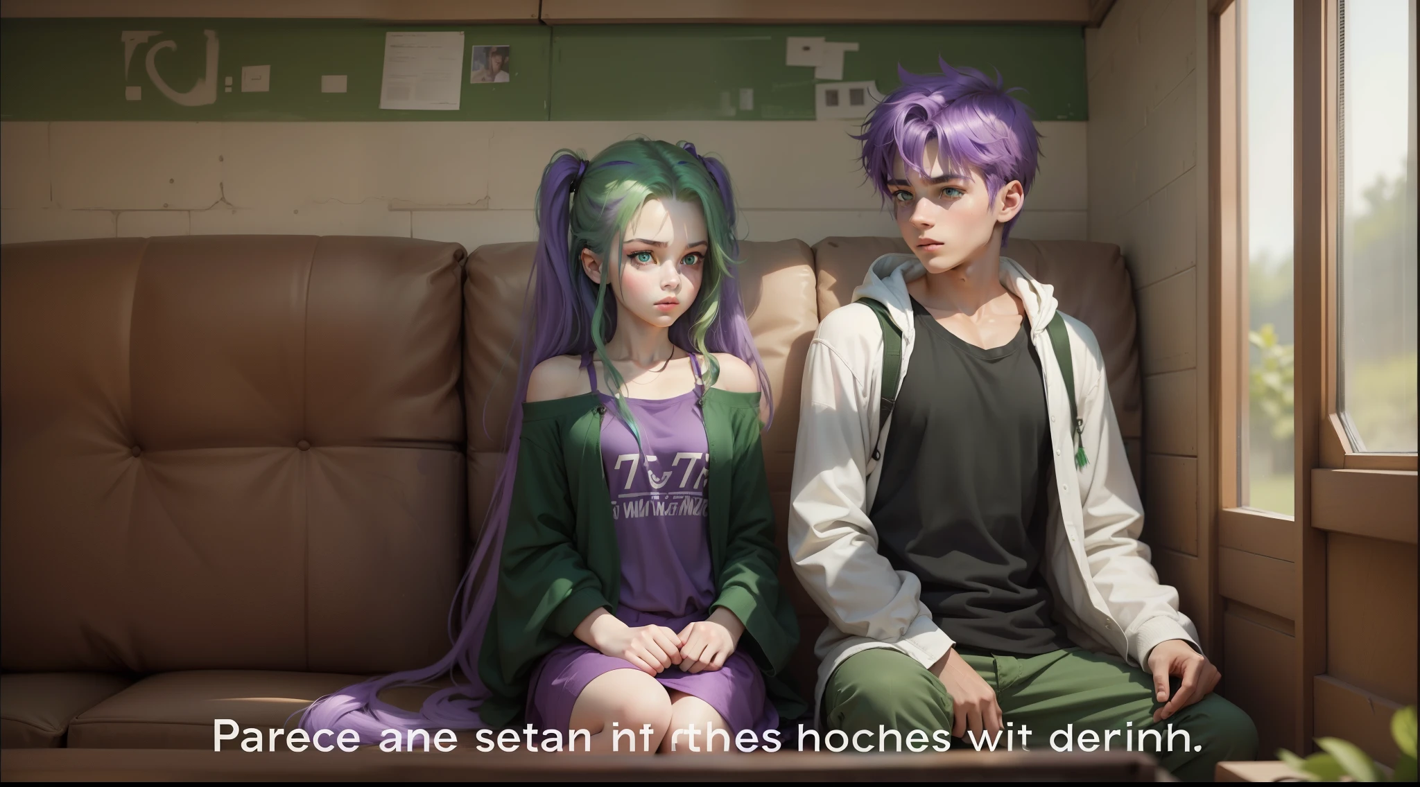 a girl with purple hair and eyes and a 17-year-old boy with green hair and green eyes