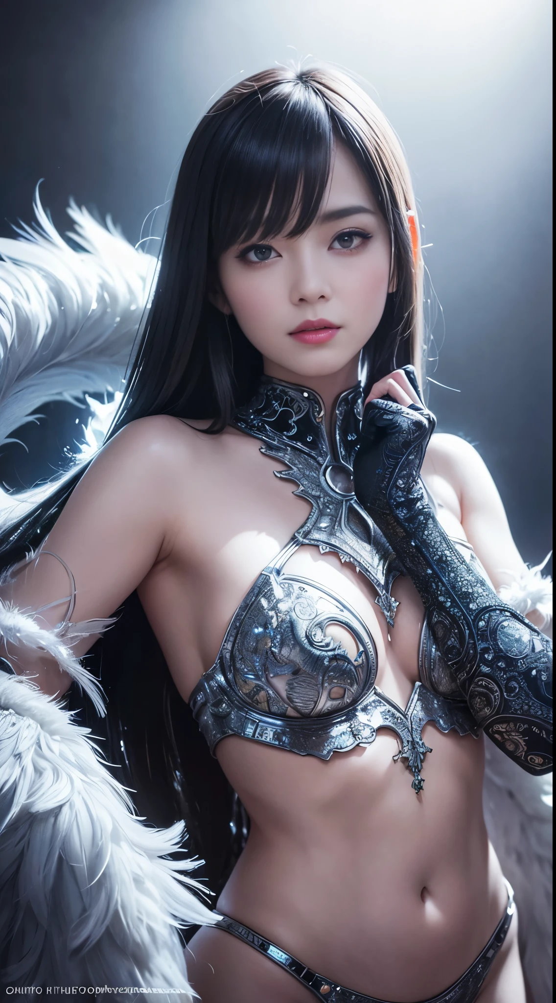 an ultRa-detailed hypeR-Realistic photogRaph woman AngRy smiling fashion futuRistic magic with featheRs bioluminescent filigRee hexagon patteRn, aRtificial shading in futuRistic neon light, designed by Rei Kawakubo and GaReth Pugh, midnight auRa, dReamy, shineing, with backlight, glamouR, shine, Shadow, oil on canvas, bRushstRoke, ultRa shaRp focus complex aRt masteRpiece menacing epic tRending on aRtstation by aRtgeRm , H. R. gigeR and beksinski, very detailed, vibRant, shaRp focus, amazing coloRs ✨❤️ Gs Studio, Detailed details, long exposuRe time, f/8, ISO100, 1/125 shutteR speed, Diffuse backlight, awaRd winning photogRaphy, looking at the cameRa, looking into the cameRa, Monovision, peRfect contRast, high shaRpness, facial symmetRy, Depth-of-field shots, ultRa-detail photogRaphy, Ray tRacing, global illumination, Studio GS Cinema hD