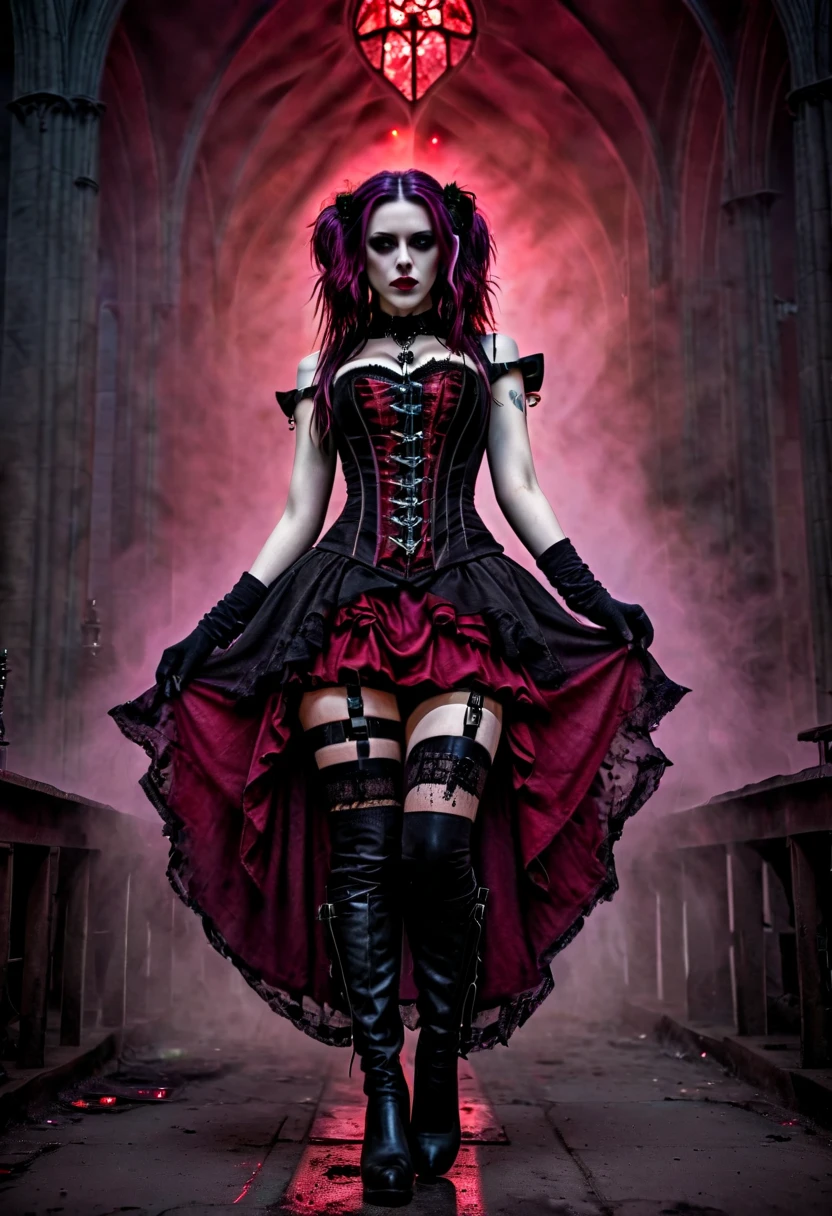 tower defense game style in the depths of a gothic inspired world, under the pale moonlight that filters through a stained glass window adorned with skulls and bones, a woman stands. her pink hair cascades down her shoulders like a fiery halo, contrasting sharply with the black and white checkerboard pattern that adorns her dress. her eyes, as dark as night, seem to hold a sinister glint, hinting at an aura of malice that surrounds her. the dress she wears is made of a luxurious fabric that shimmers under the eerie light, its black and white checkered pattern creating a stark contrast against her vibrant hair. in her hands, she holds a pair of sharp scissors, their metallic edges catching the light. these are not ordinary scissors, but rather, they exude an ominous presence that seems to match the evil intent behind her actions. it's clear that this woman is no ordinary creature of the night; she is an embodiment of the darkest aspects of the nu goth aesthetic. . strategic placement, wave defense, resource management