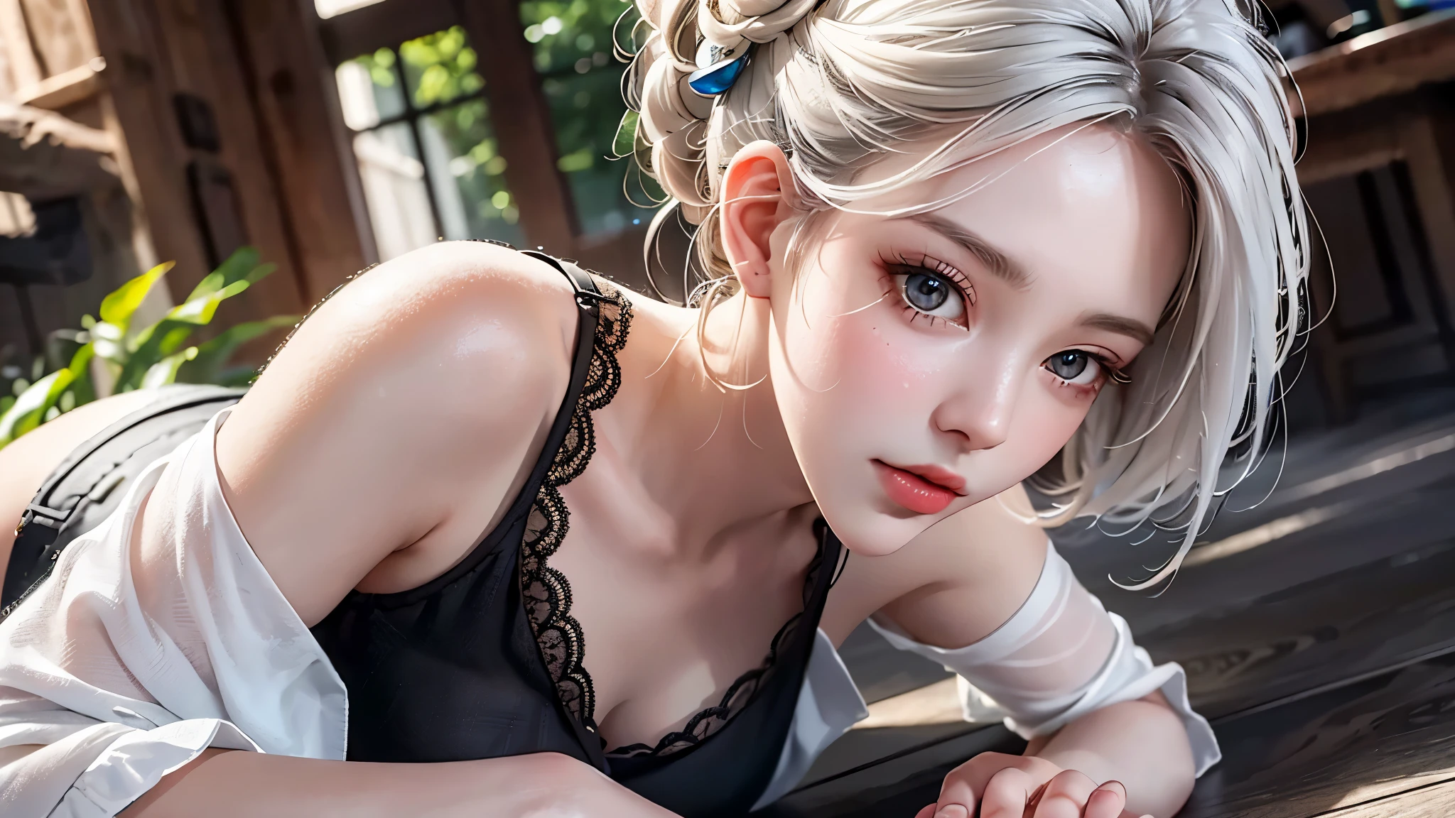 a white hair、Close-up of woman wearing white mask, beautiful figure painting, guweiz, guweiz style artwork, White-haired God, author:Yang Jie, Epic and beautiful character art, Stunning character art, author:Fan Qi, by Wuzhun Shifan, guweiz in pixiv artstation street, single ponytail, Side Mao Insult, high ponytail, tall figure, long legs, (sleeveless lace shirt), (shorts), (striped )), ((striped )), walk, elegant, dignified, feminine, Beautiful curves, sweet smile, Strong sense of detail and layering, Rich and gorgeous colors, Has a unique texture, colorful, Color harmony, vivid, design art, 16k, super detailed, {{illustration}}, {extremely delicate and beautiful}, {Sophisticated finish}, Super detailed, Exquisite glowing eyes, {{movie lighting}}, Extreme light effects, Model: realism, CFG scale: 12, lola: Bright texture (1.35), high quality, masterpiece, Exquisite facial features, Delicate hair depiction, Delicate depiction of eyes, masterpiece, best quality, Ray tracing, Extremely detailed CG unified 8k wallpaper, masterpiece, best quality, (1 girl), perfect female figure, (((tight white t shirt))), beautiful eyes, (delicate face), short black hair, hair tied up, Light blue hairpins, (White skin), (best lighting), (Super intricate details), 4K unified, (super detailed CG), Showing white legs, , hot pants, shorts,