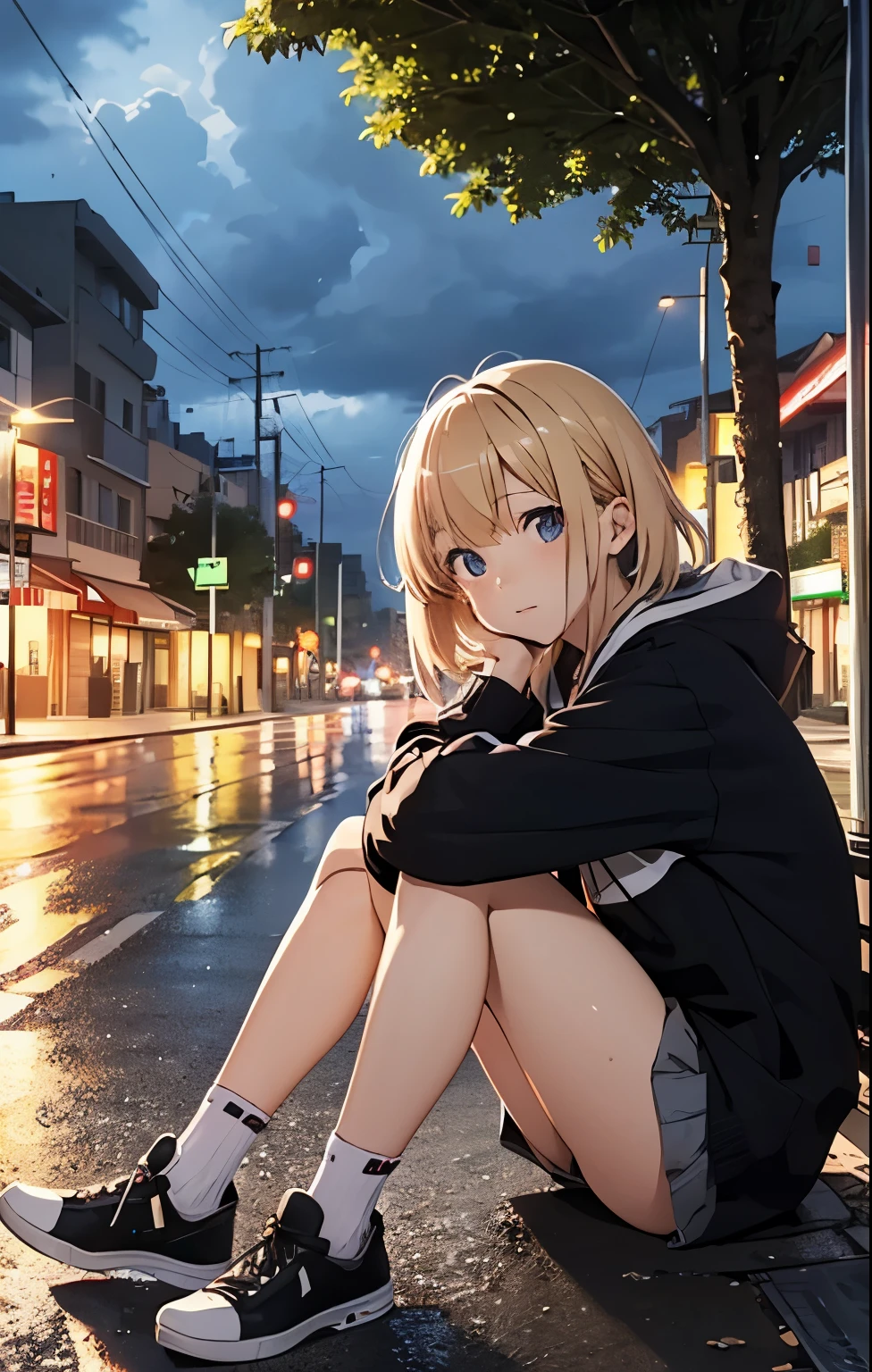 masutepiece, Best Quality, hight resolution,Anime girl sitting on the road side in light stormy weather ,a street light,a dried tree inspired by miwo 