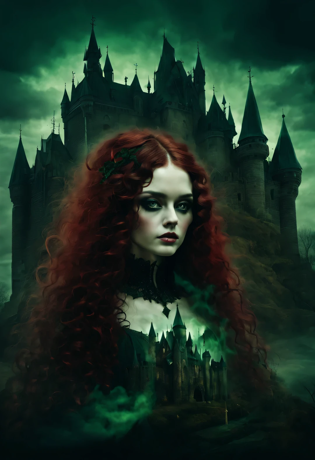 gothic dark art,Dream,amazing rag doll,Long curly crimson hair,castle,dark green,double contact