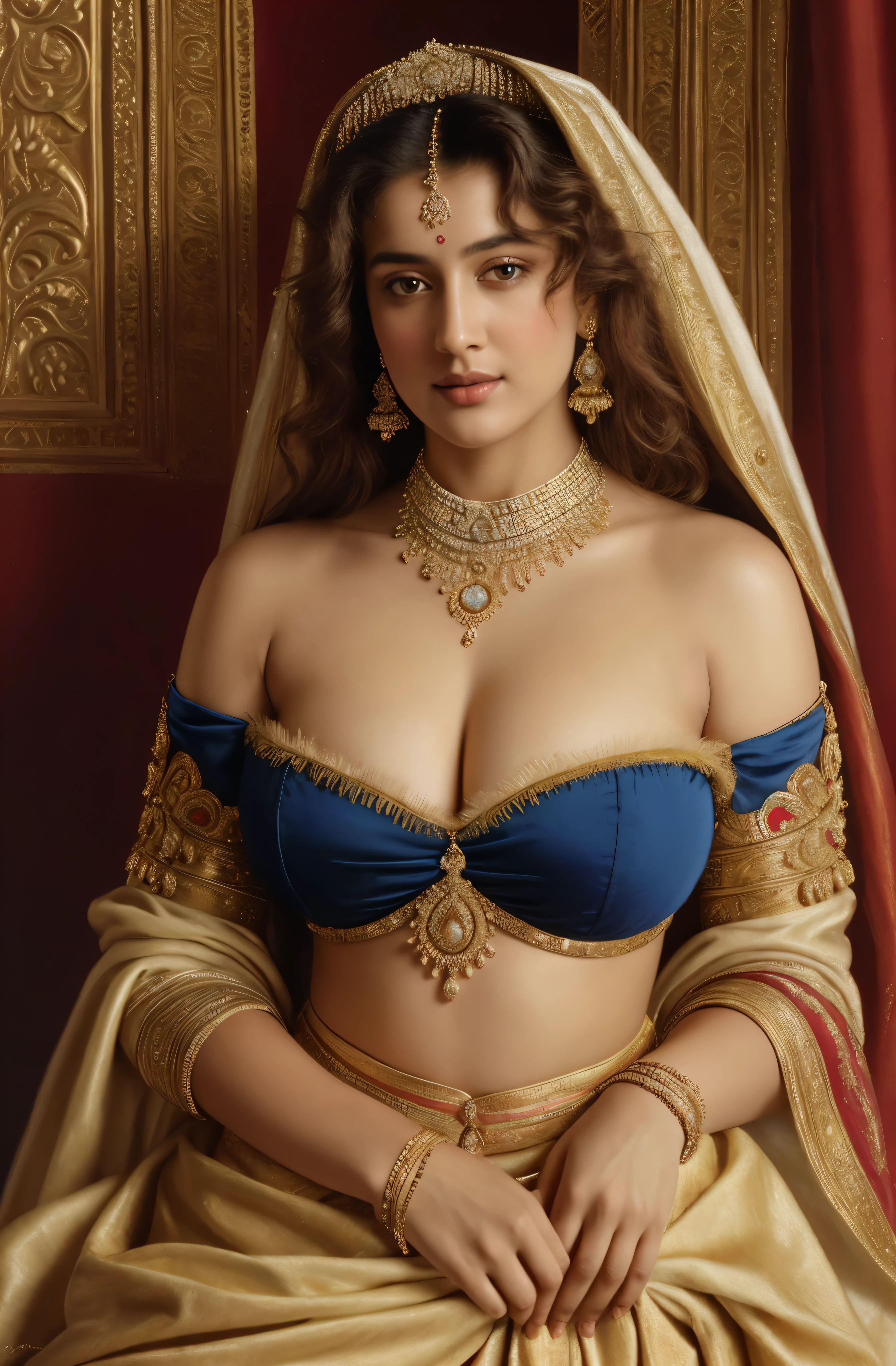 Best quality, highly detailed, masterpiece, Indian princess, Rajkanya, royal clothes, Masterpiece, extremely gorgeous woman, matchless Beauty, portrait, Peter Paul Rubens style, Woman, off shoulder bandeau crop blouse, beautifully styled hair, fluffy hair, middle ages, classicism, andrey atroshenko style, painting, long hair, styled hair, traditional media, realistic, figurative, fine art, detailed Art, oil on canvas, HDR, 8K, original character, high resolution, high detail, focus on the face, intricate, flawless, fluffy hair, Peter Paul Rubens style, By Peter Paul Rubens, sharp picture, no crown