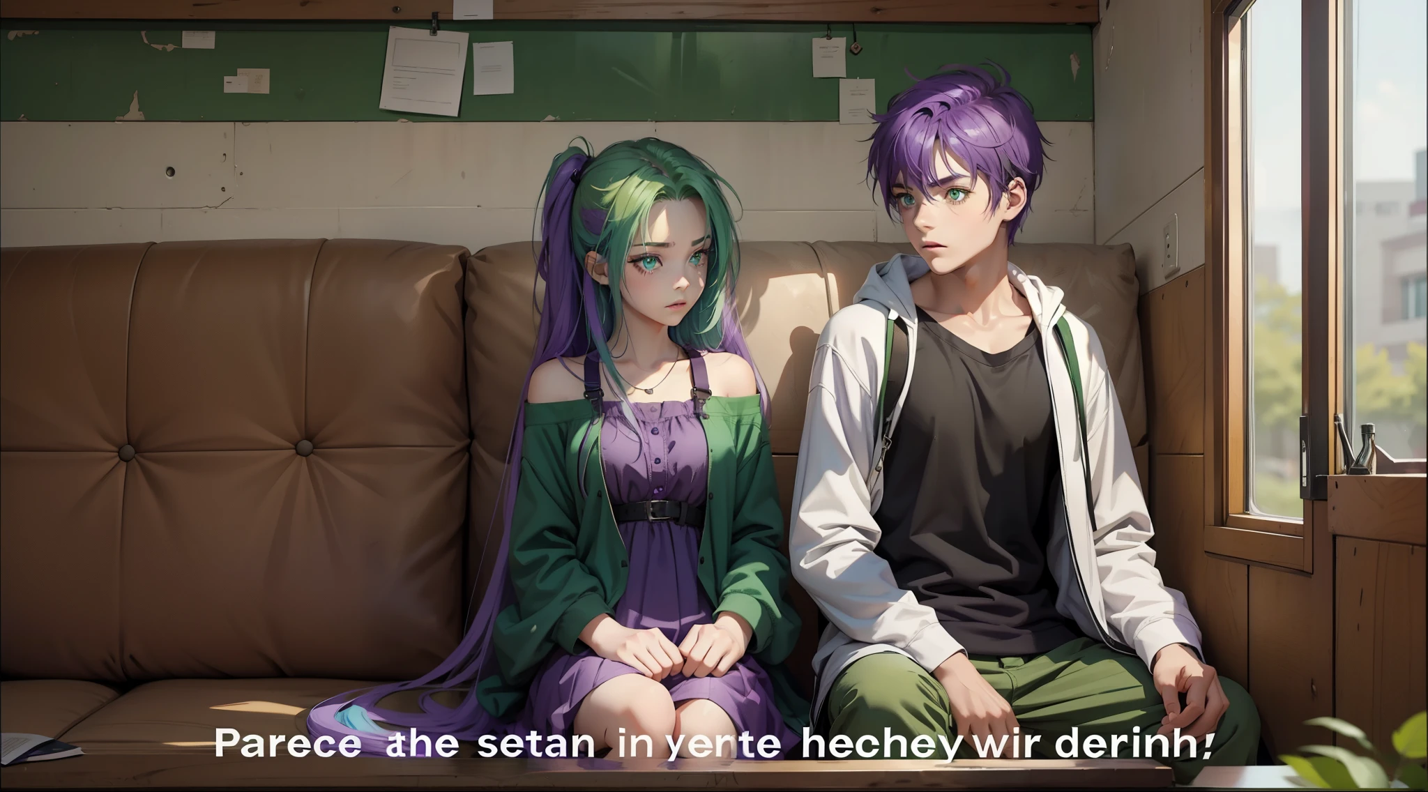 a girl with purple hair and eyes and a 17-year-old boy with green hair and green eyes