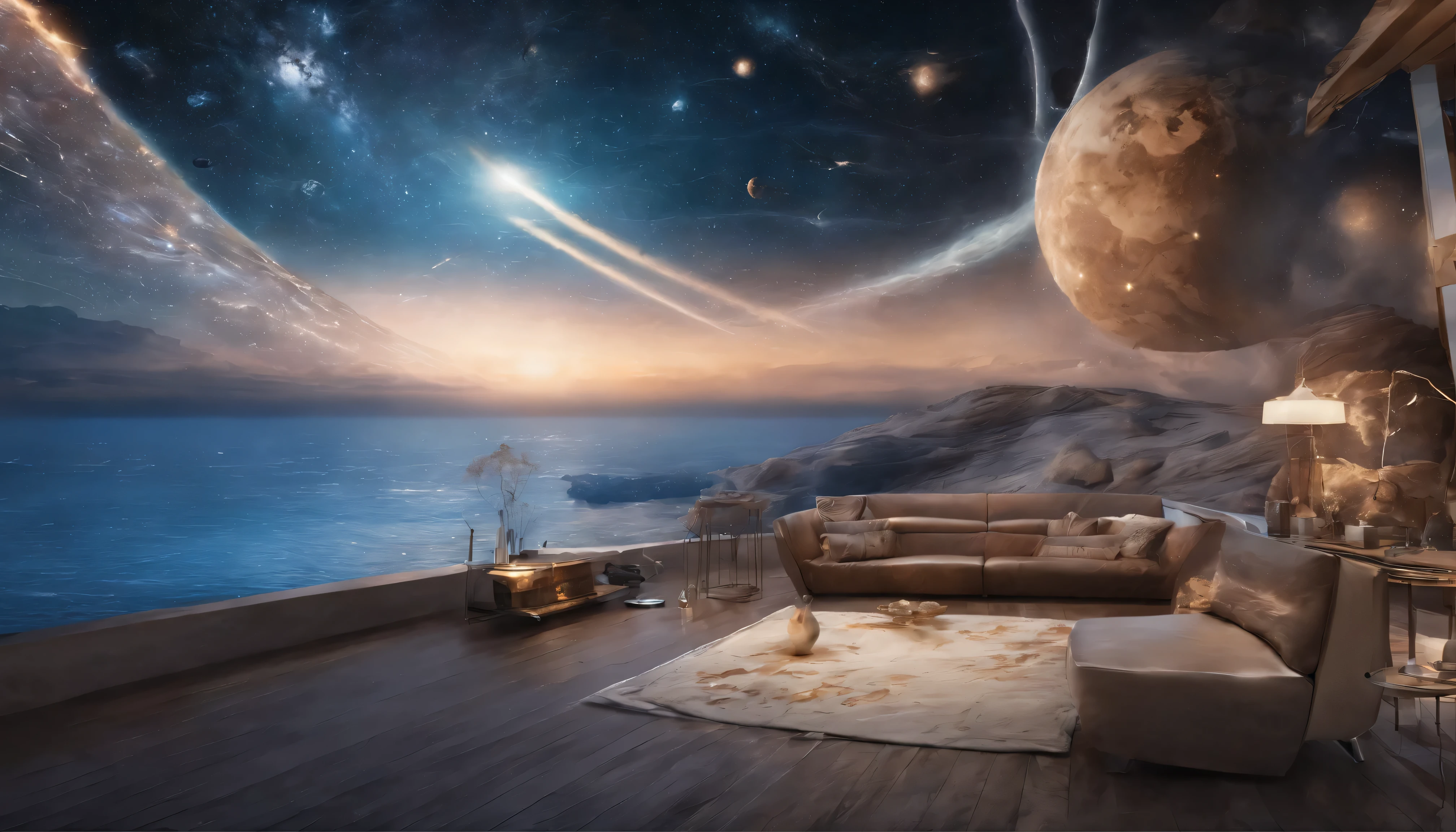huge planet, night, starry sky, surrealism, table top, High resolution、impressive milky way:1.9、sandy beach、vast blue sea、blue glacier、lightning:1.9、protoplanet