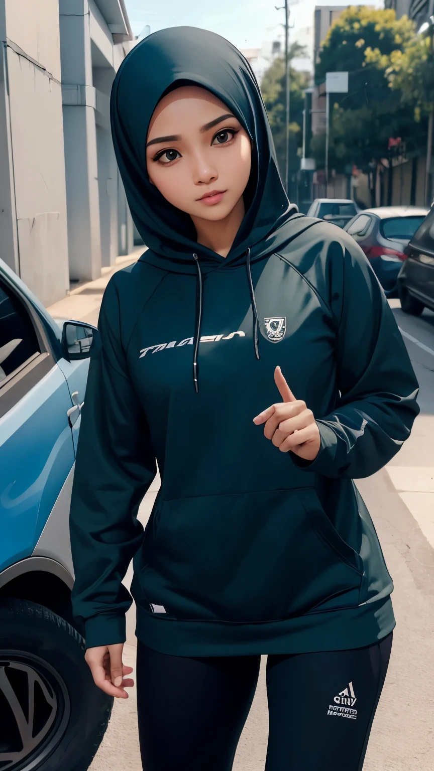seorang wanita memakai hijab memakai hoodie hitam ada tulisan "ASRIYANI" memakai celana panjang tactical memakai sepatu sport
background penuh cahaya putih,biru,ungu,merah muda,hijau
real dream ukuran gambar potrait