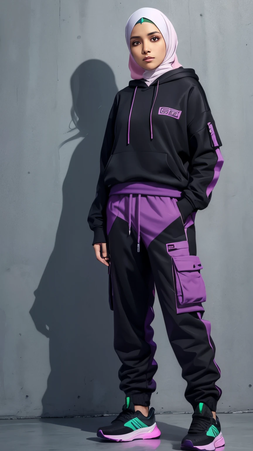 a woman wearing a hijab wearing a black hoodie with the words "ASRIYANI" wearing tactical trousers wearing sports shoes with a background full of light white, blue, purple, pink, green real dream size portrait image