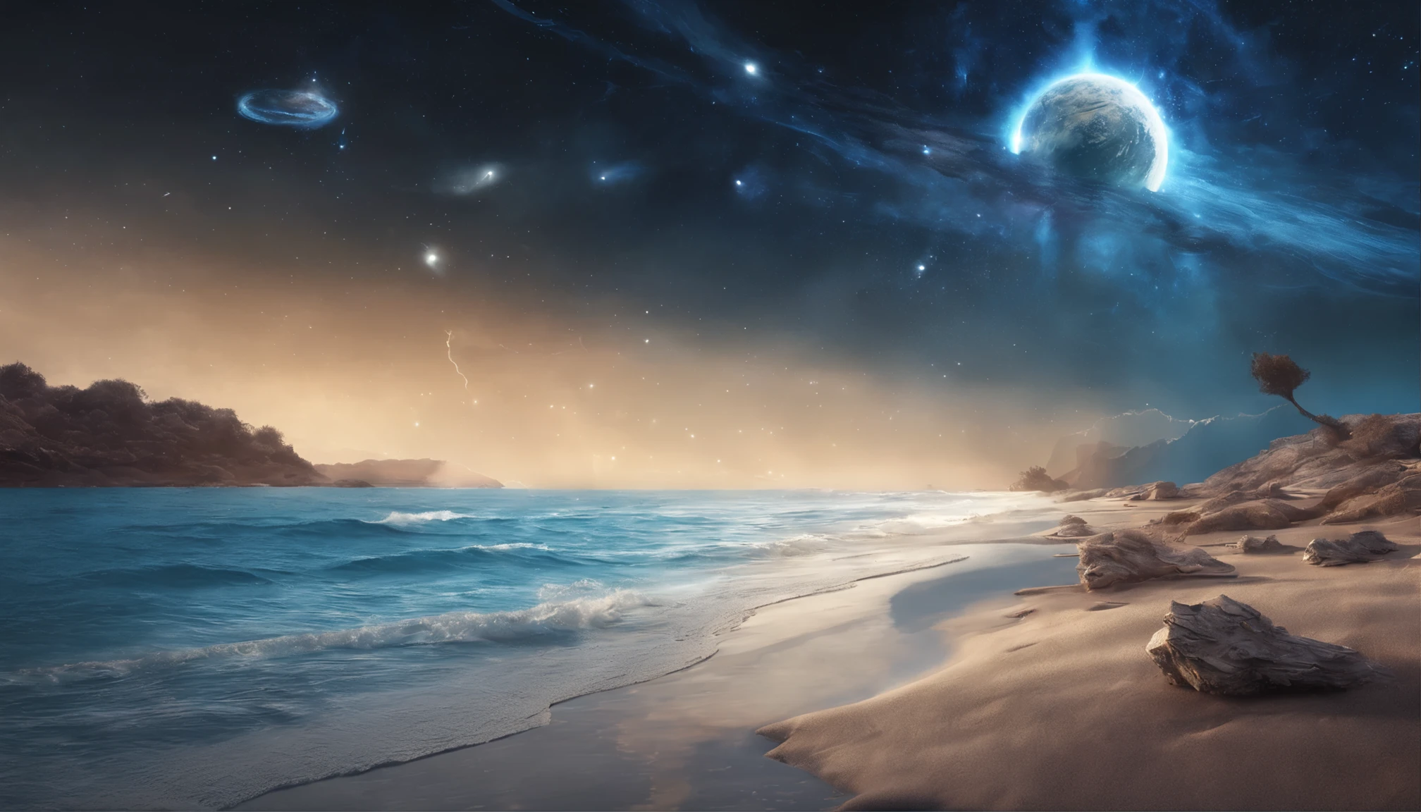 huge planet, night, starry sky, surrealism, table top, High resolution、impressive milky way:1.9、sandy beach、vast blue sea、blue glacier、lightning:1.9、protoplanet