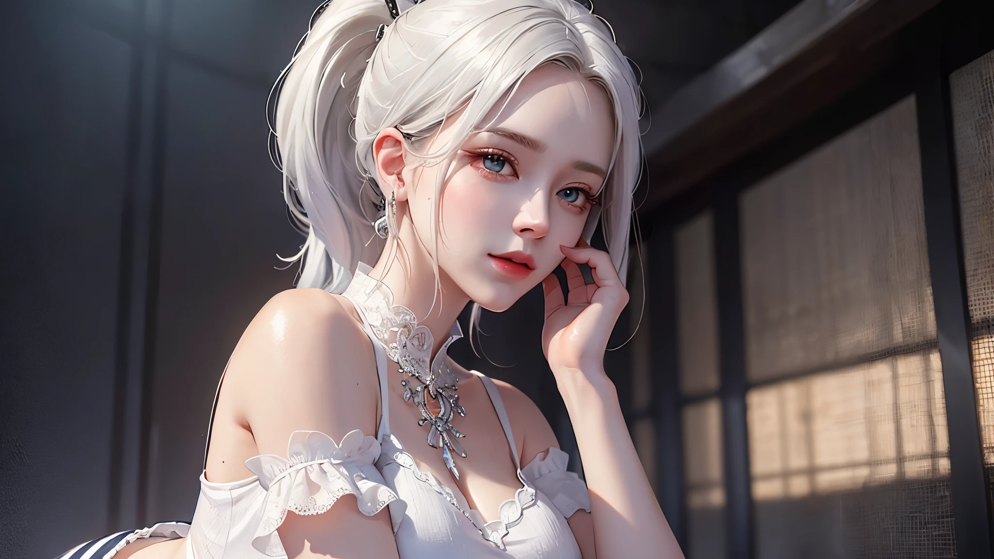 a white hair、Close-up of woman wearing white mask, beautiful figure painting, guweiz, guweiz style artwork, White-haired God, author:Yang Jie, Epic and beautiful character art, Stunning character art, author:Fan Qi, by Wuzhun Shifan, guweiz in pixiv artstation street, single ponytail, Side Mao Insult, high ponytail, tall figure, long legs, (sleeveless lace shirt), (shorts), (striped )), ((striped )), walk, elegant, dignified, feminine, Beautiful curves, sweet smile, Strong sense of detail and layering, Rich and gorgeous colors, Has a unique texture, colorful, Color harmony, vivid, design art, 16k, super detailed, {{illustration}}, {extremely delicate and beautiful}, {Sophisticated finish}, Super detailed, Exquisite glowing eyes, {{movie lighting}}, Extreme light effects, Model: realism, CFG scale: 12, lola: Bright texture (1.35), high quality, masterpiece, Exquisite facial features, Delicate hair depiction, Delicate depiction of eyes, masterpiece, best quality, Ray tracing, Extremely detailed CG unified 8k wallpaper, masterpiece, best quality, (1 girl), perfect female figure, (((tight white t shirt))), beautiful eyes, (delicate face), short black hair, hair tied up, Light blue hairpins, (White skin), (best lighting), (Super intricate details), 4K unified, (super detailed CG), Showing white legs, , hot pants, shorts,