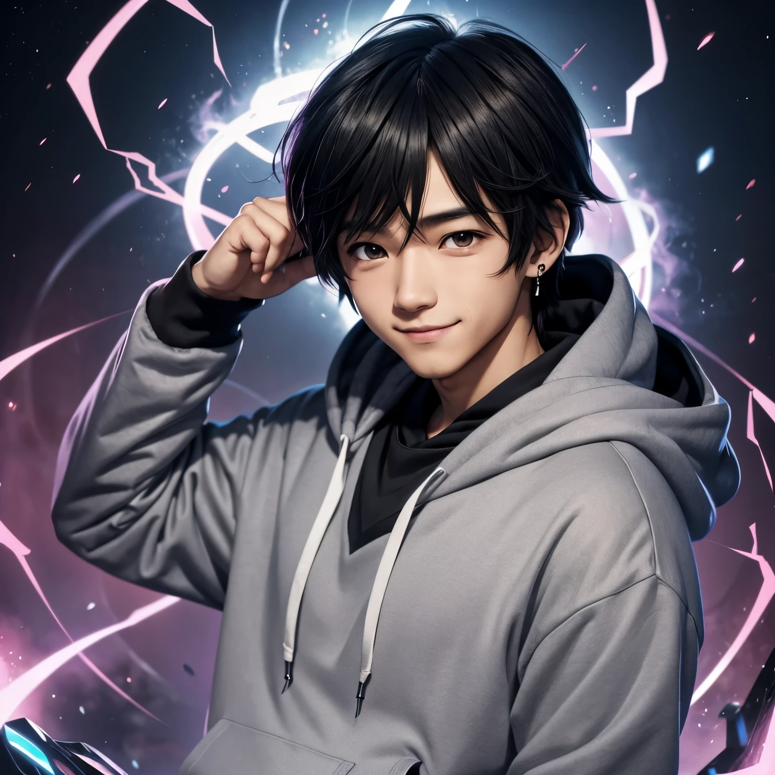Close-up of a person wearing a hoodie, hiroyuki takahashi color scheme, Kentaro Miura's manga art style, High quality color sketches, half body portrait, young man wearing a gray hoodie, Baby-faced man in Demon Slayer art, semi-realistic anime style, Cell - Shaded Art Style, anime youth, as an anime character、outside spring、asymmetric bangs、smile、Eyes are wide open、black earrings、Fair skin、cute and beautiful young man、smile、long bangs